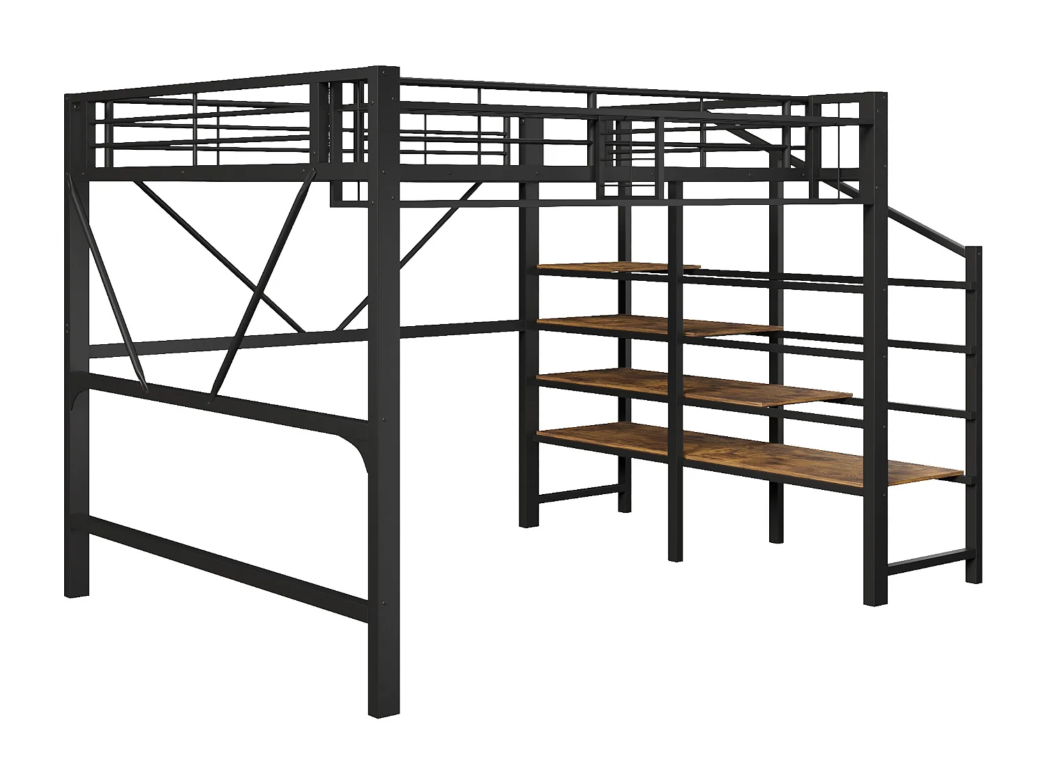 Lit mezzanine en métal - 140 x 200 cm - avec treillis métallique + Leds + escalier de rangement - MDF + métal - noir