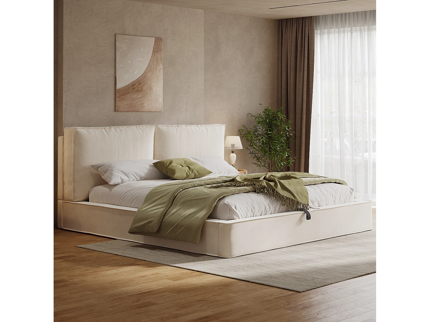 Lit coffre capitonné double - 180 x 200 cm - avec sommier à lattes + tête de lit - velours - beige