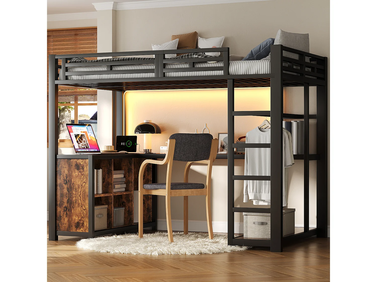 Letto a soppalco in metallo - 140 x 200 cm - con scrivania + LED + porta USB + ripiano contenitore - MDF + metallo - nero