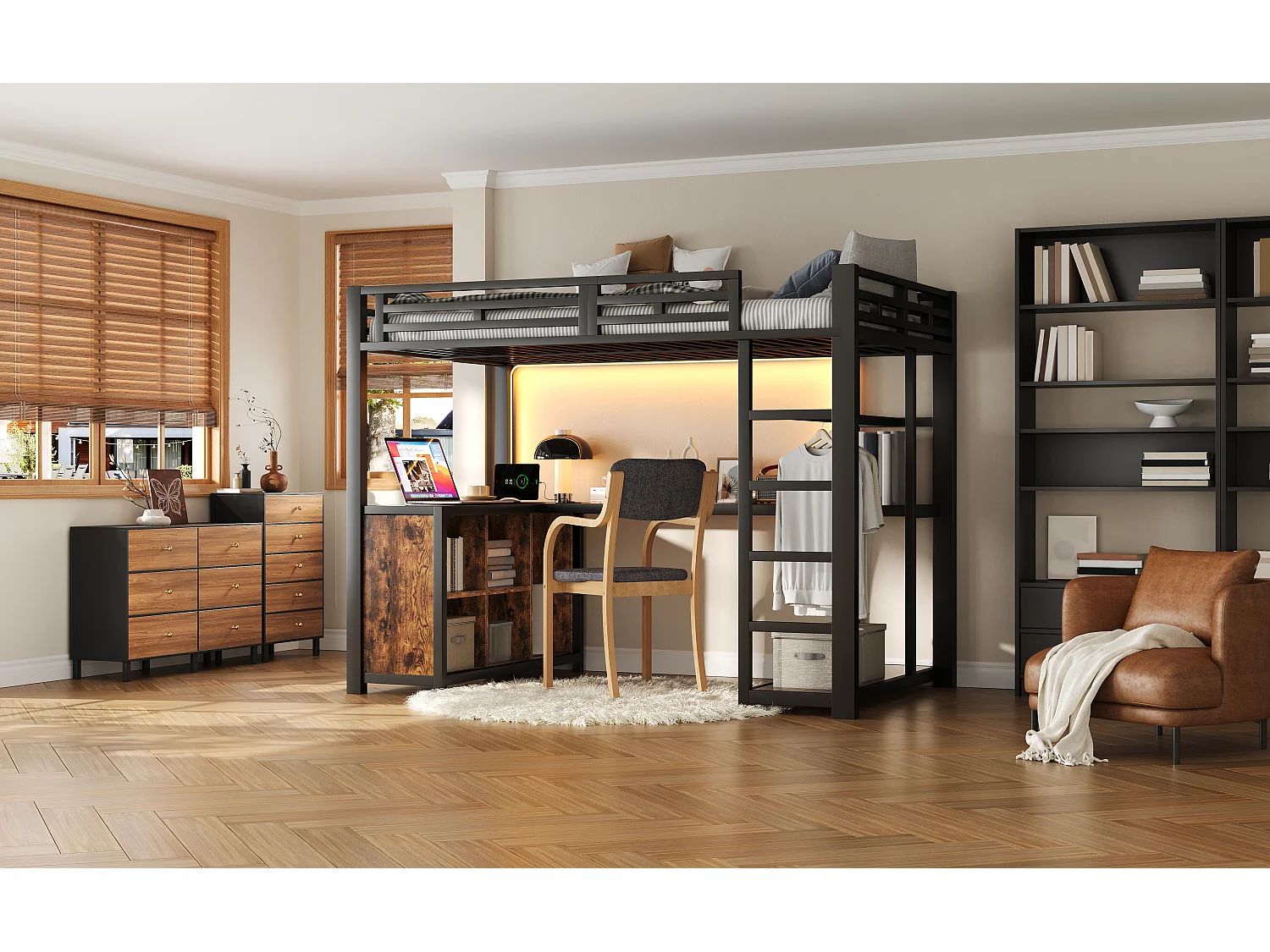 Letto a soppalco in metallo - 140 x 200 cm - con scrivania + LED + porta USB + ripiano contenitore - MDF + metallo - nero