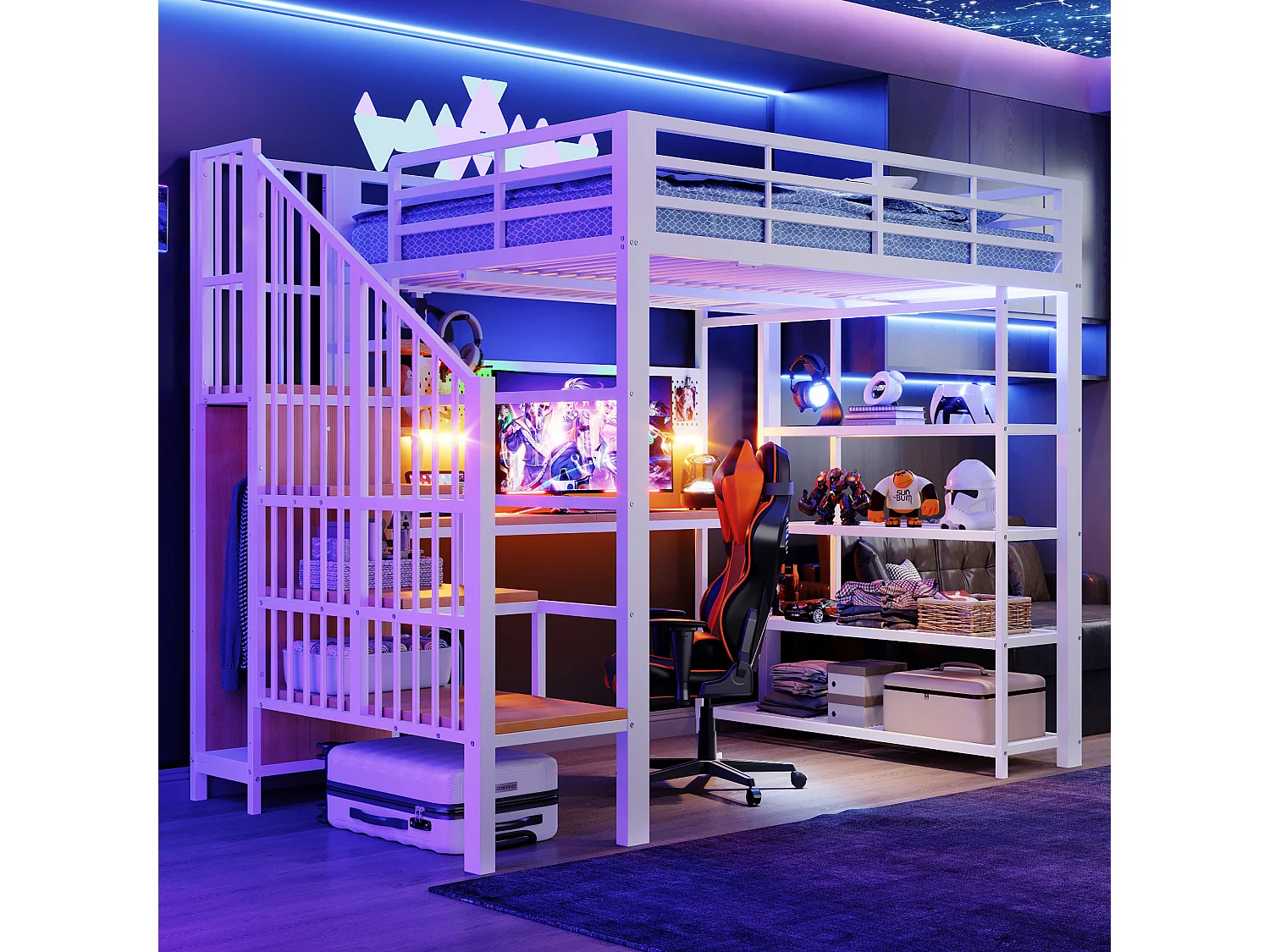 Lit mezzanine en fer - 140 x 200 cm - avec bureau + Leds + étagères et escalier de rangement - métal + MDF - blanc