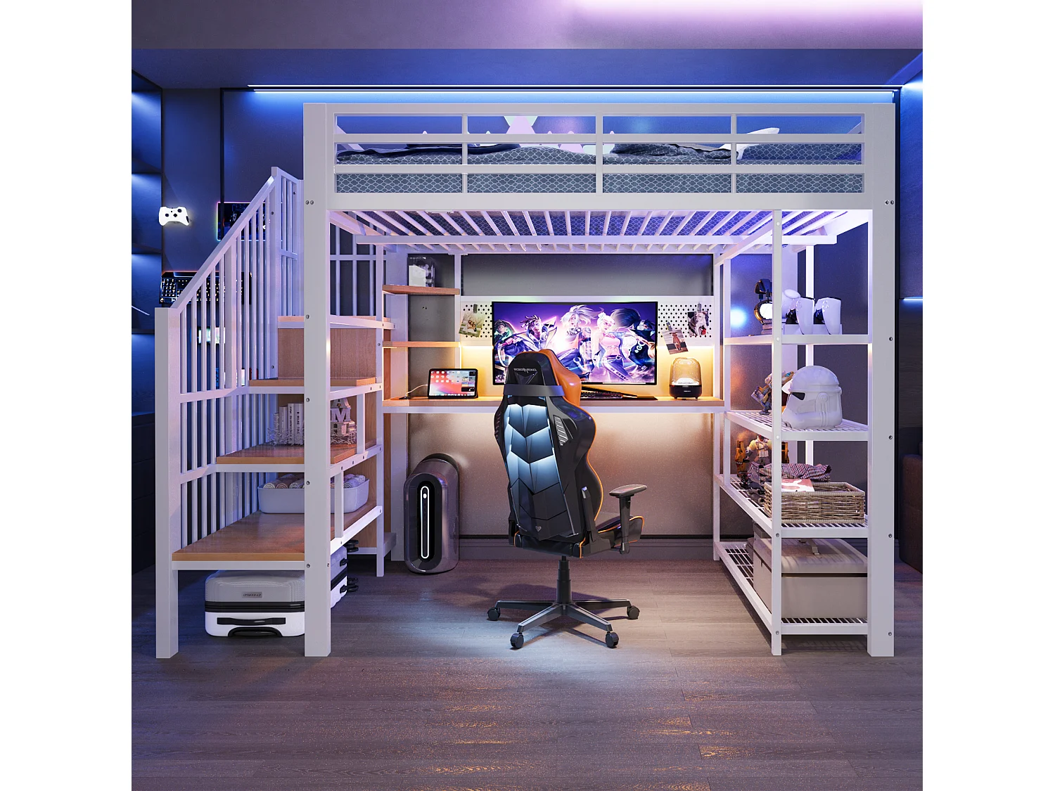 Lit mezzanine en fer - 140 x 200 cm - avec bureau + Leds + étagères et escalier de rangement - métal + MDF - blanc