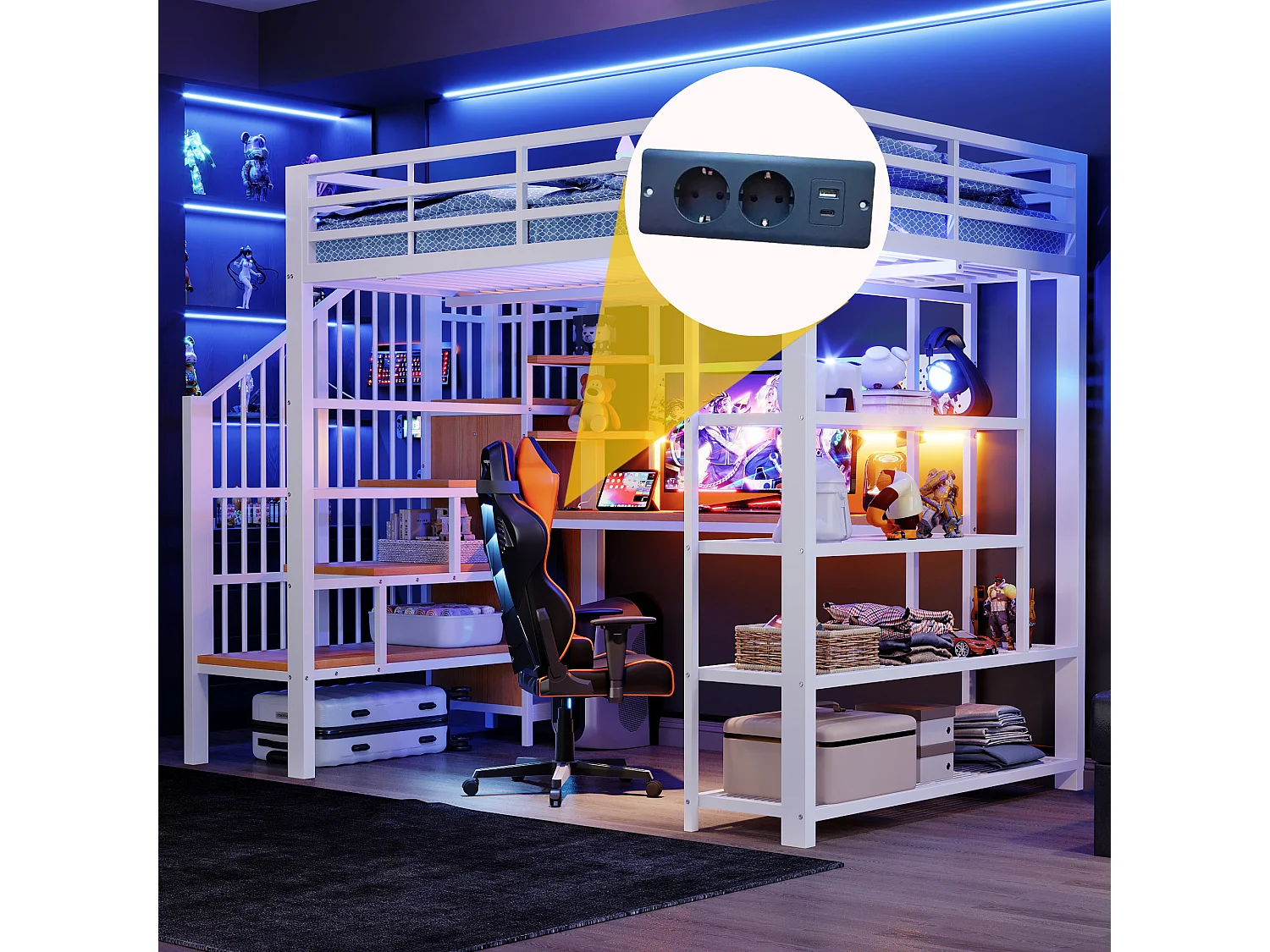 Lit mezzanine en fer - 140 x 200 cm - avec bureau + Leds + étagères et escalier de rangement - métal + MDF - blanc