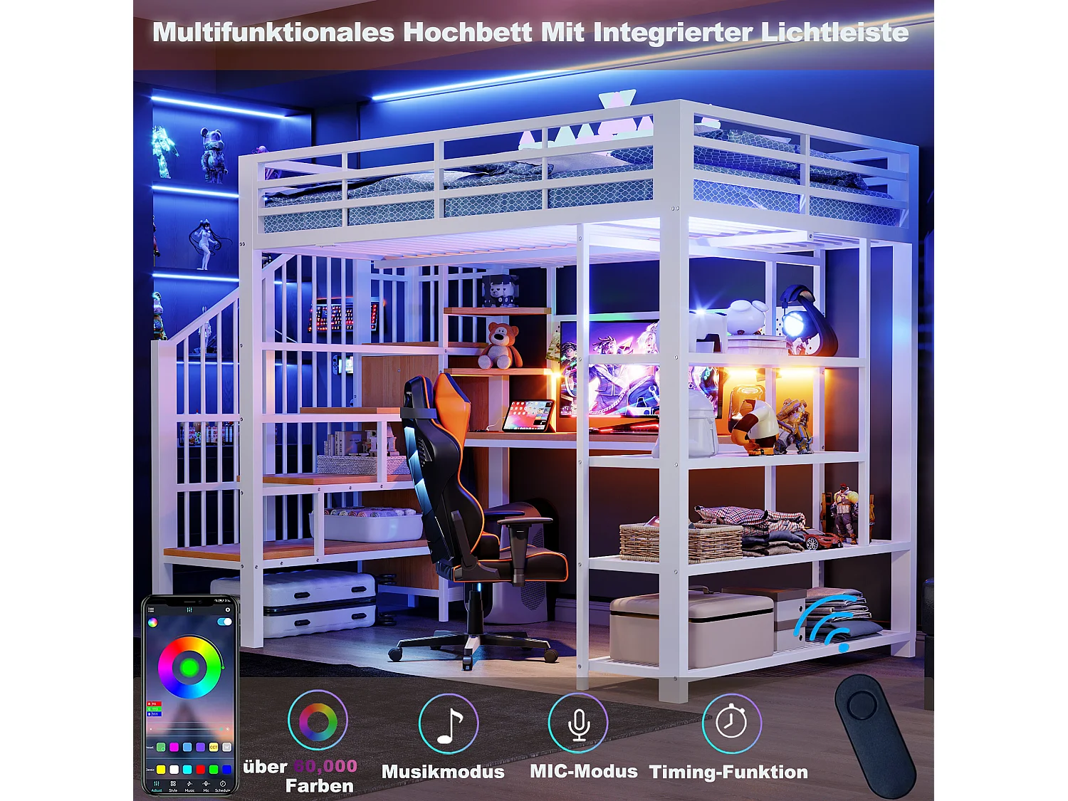 Lit mezzanine en fer - 140 x 200 cm - avec bureau + Leds + étagères et escalier de rangement - métal + MDF - blanc