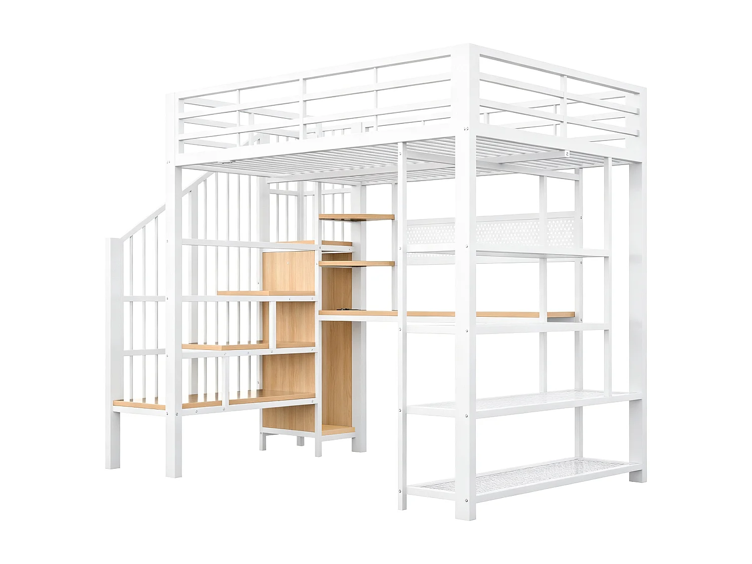 Lit mezzanine en fer - 140 x 200 cm - avec bureau + Leds + étagères et escalier de rangement - métal + MDF - blanc