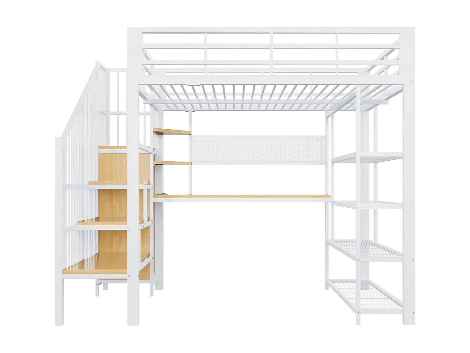 Lit mezzanine en fer - 140 x 200 cm - avec bureau + Leds + étagères et escalier de rangement - métal + MDF - blanc