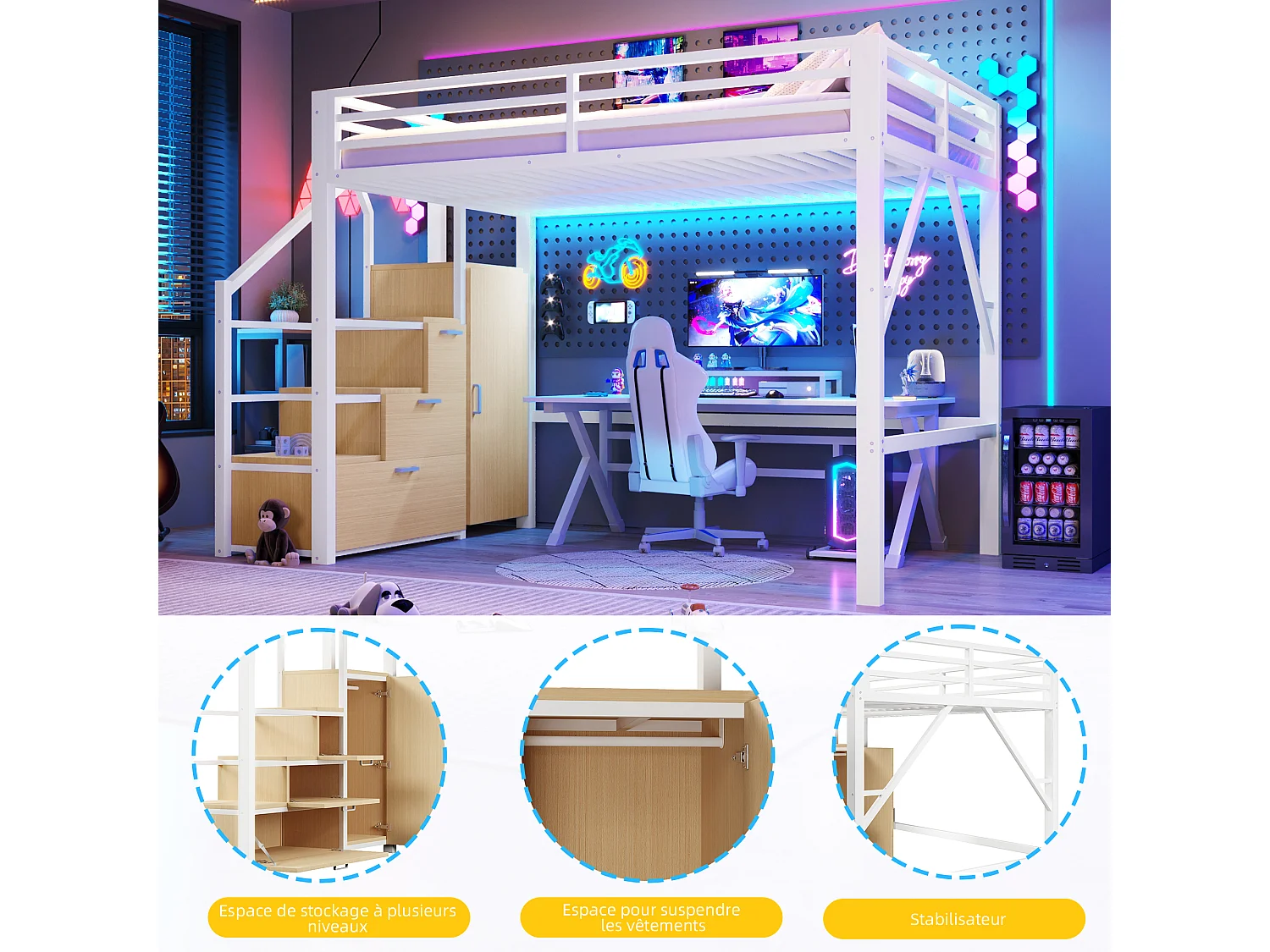 Letto a soppalco in metallo - 140 x 200 cm - con scaletta contenitore + armadio + luci a LED - MDF + metallo - bianco