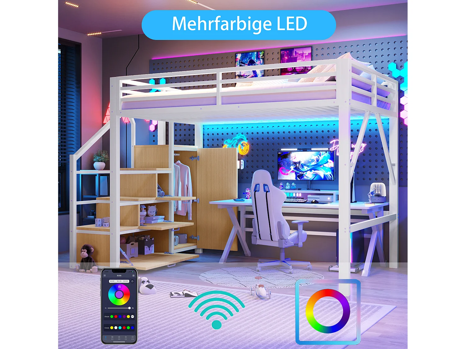 Letto a soppalco in metallo - 140 x 200 cm - con scaletta contenitore + armadio + luci a LED - MDF + metallo - bianco
