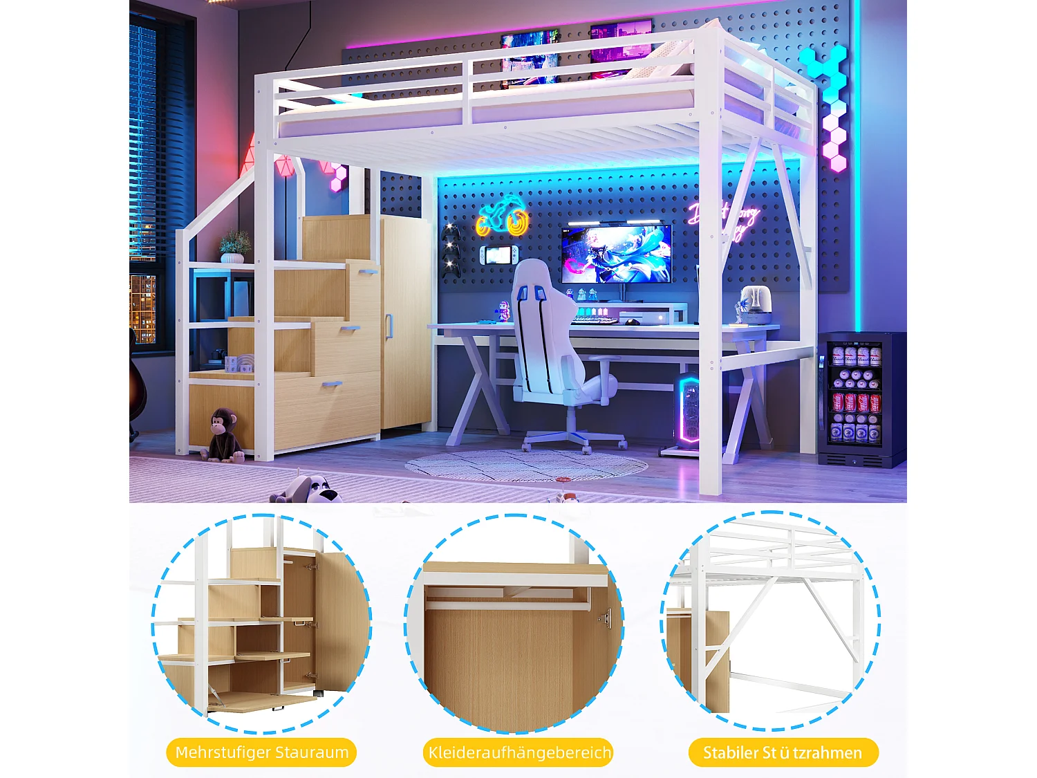 Letto a soppalco in metallo - 140 x 200 cm - con scaletta contenitore + armadio + luci a LED - MDF + metallo - bianco
