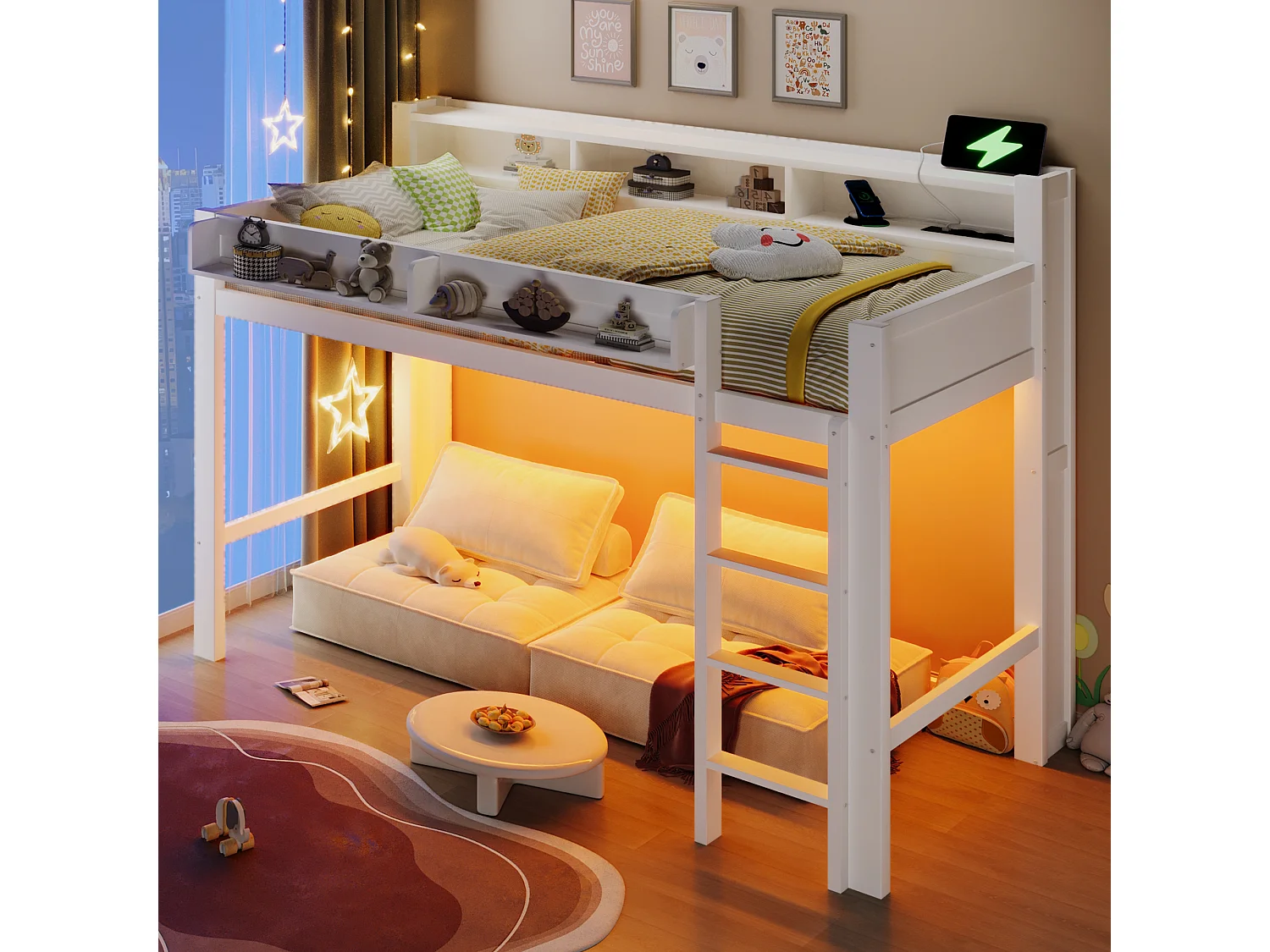 Hochbett für Kinder aus Holz – 90 x 200 cm – mit Staufächern, LED-Beleuchtung und USB-Anschluss – MDF – weiß