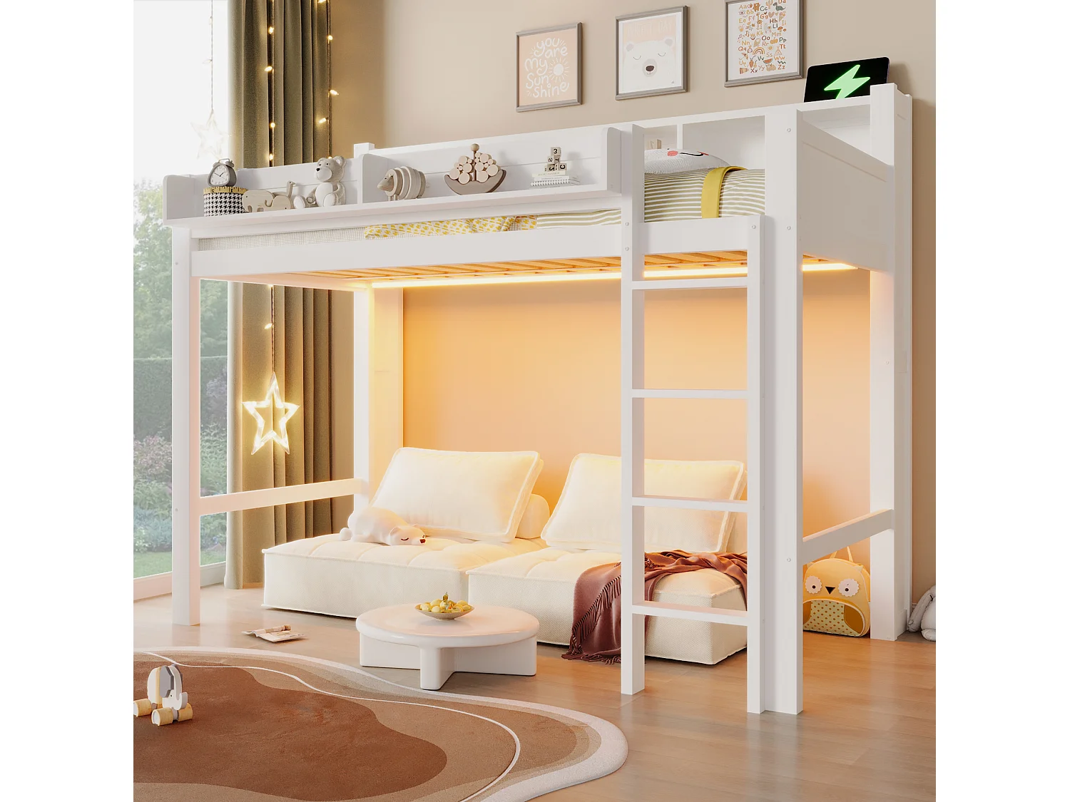 Hochbett für Kinder aus Holz – 90 x 200 cm – mit Staufächern, LED-Beleuchtung und USB-Anschluss – MDF – weiß