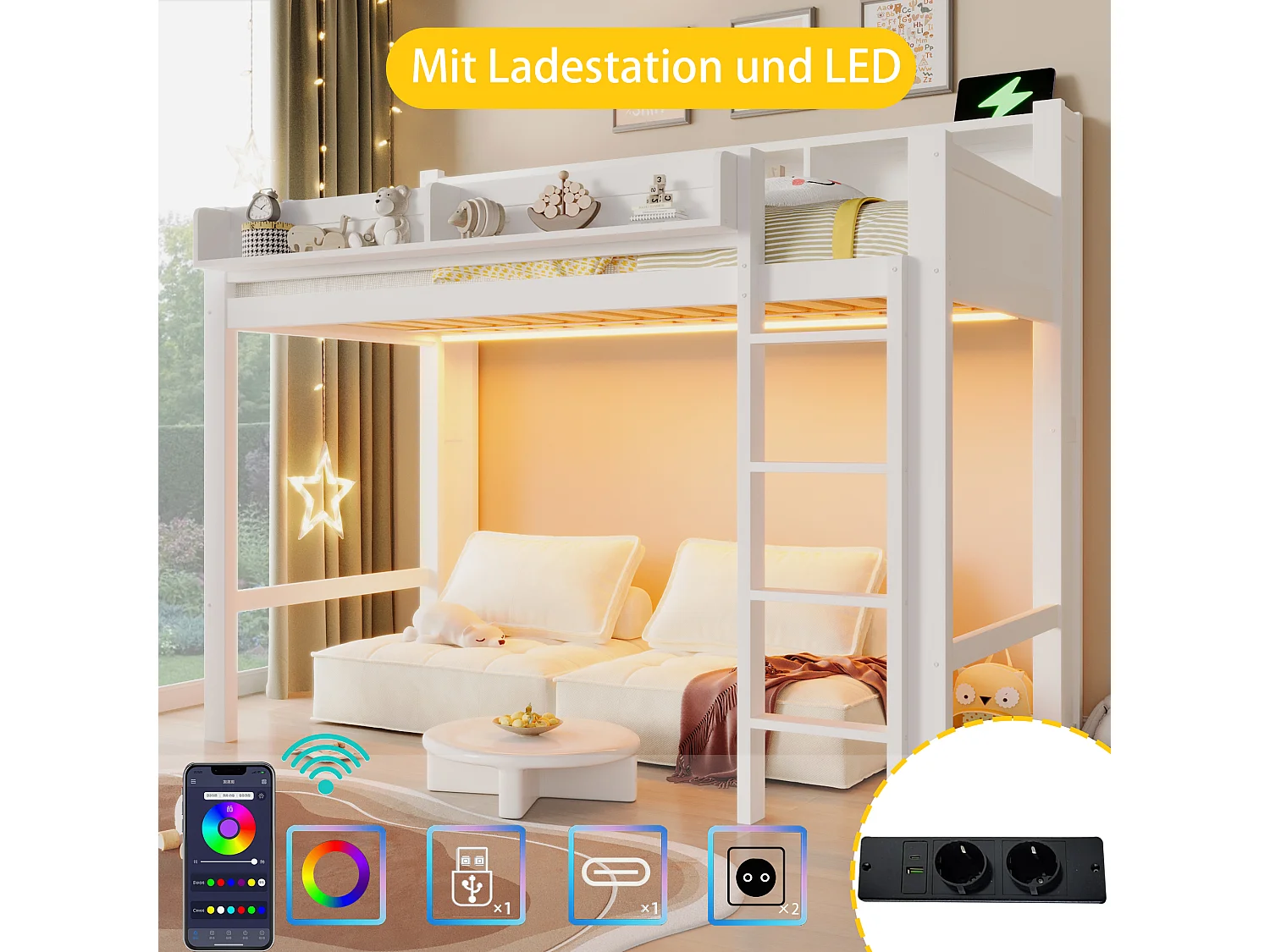 Hochbett für Kinder aus Holz – 90 x 200 cm – mit Staufächern, LED-Beleuchtung und USB-Anschluss – MDF – weiß