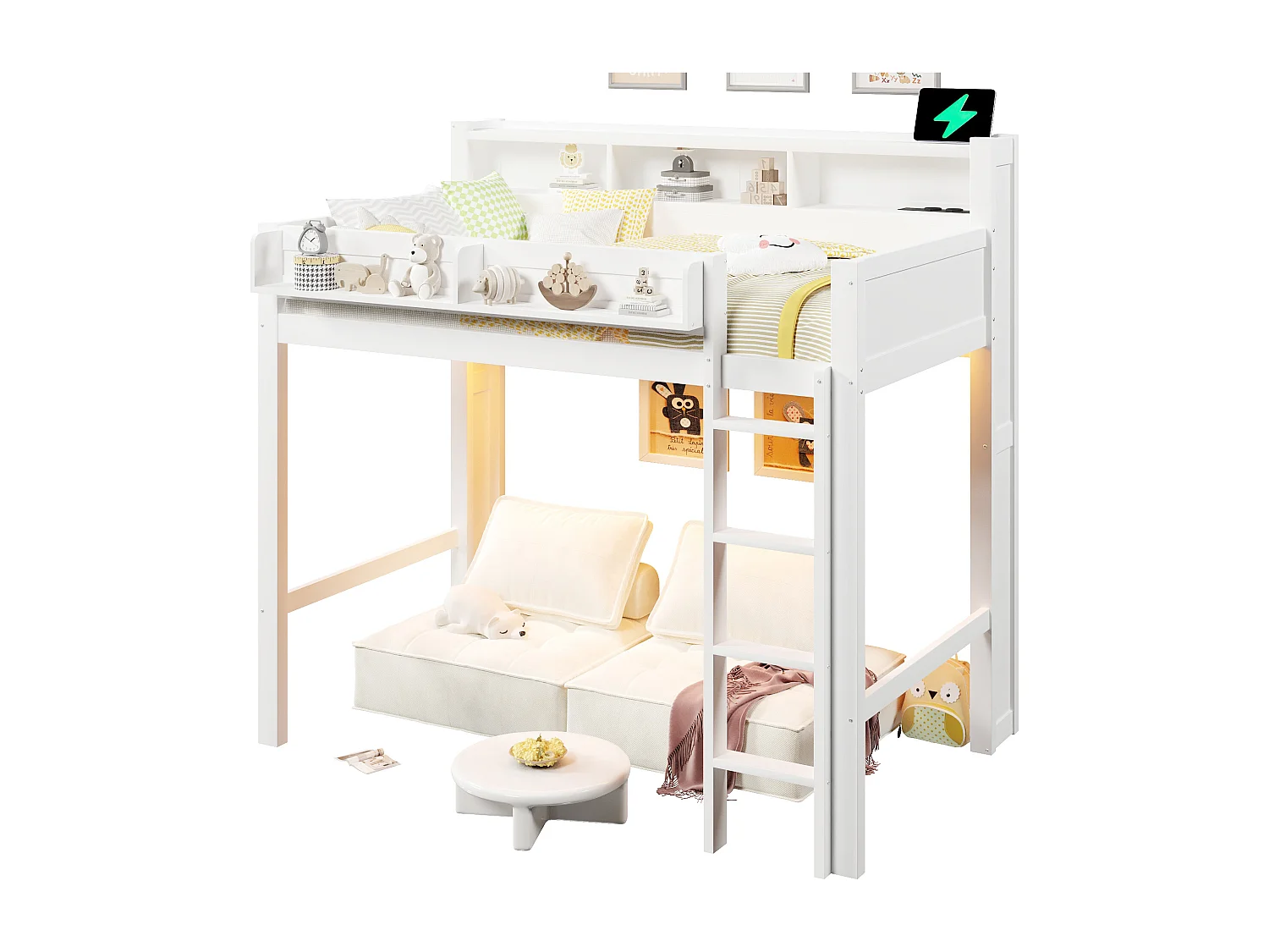 Hochbett für Kinder aus Holz – 90 x 200 cm – mit Staufächern, LED-Beleuchtung und USB-Anschluss – MDF – weiß