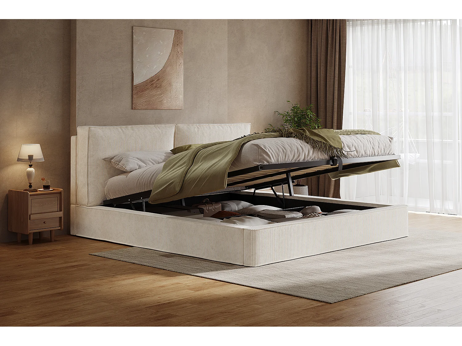 Gepolstertes Doppelbett mit Stauraum – 180 x 200 cm – mit Lattenrost und Kopfteil – Cord – beige