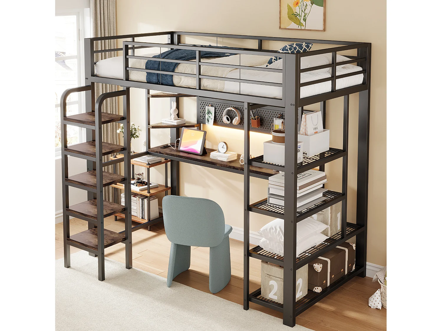 Lit mezzanine en fer enfant - 90 x 200 cm - avec bureau + prise + Leds + étagères de rangement - métal + MDF - noir
