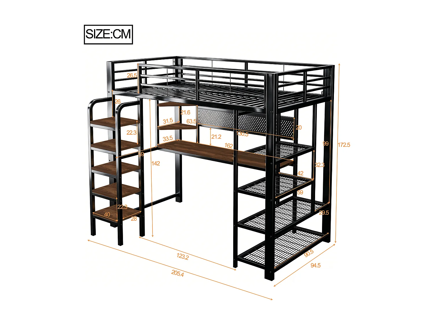 Lit mezzanine en fer enfant - 90 x 200 cm - avec bureau + prise + Leds + étagères de rangement - métal + MDF - noir