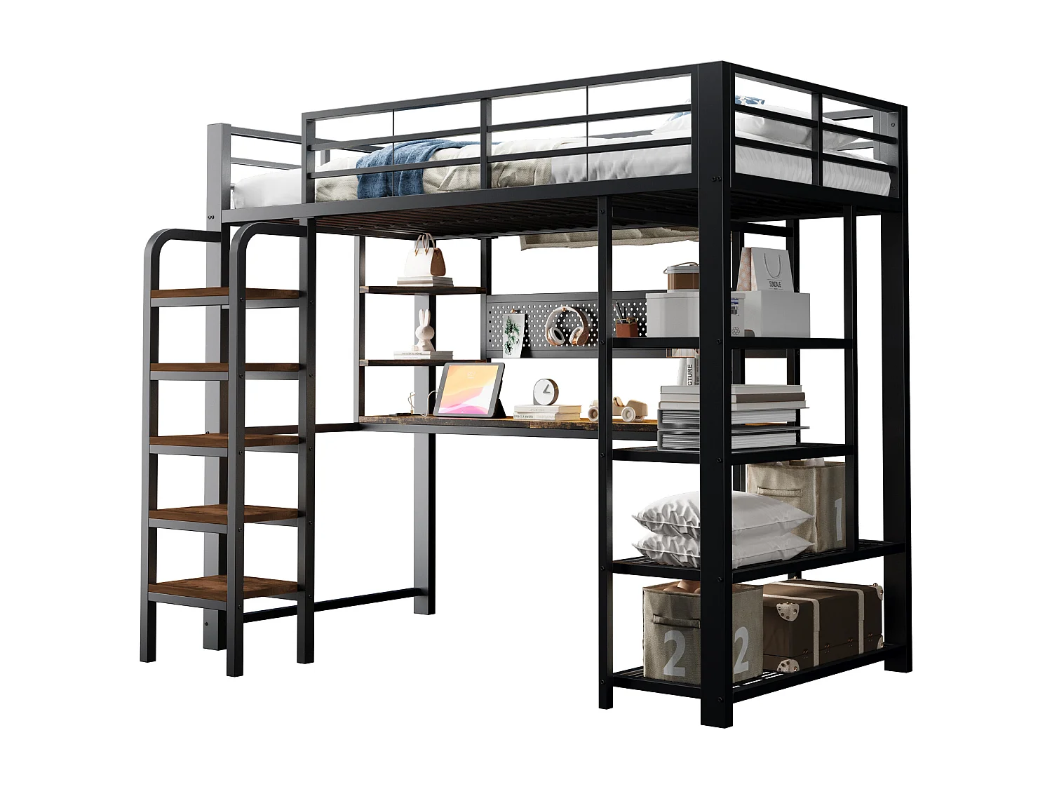 Lit mezzanine en fer enfant - 90 x 200 cm - avec bureau + prise + Leds + étagères de rangement - métal + MDF - noir
