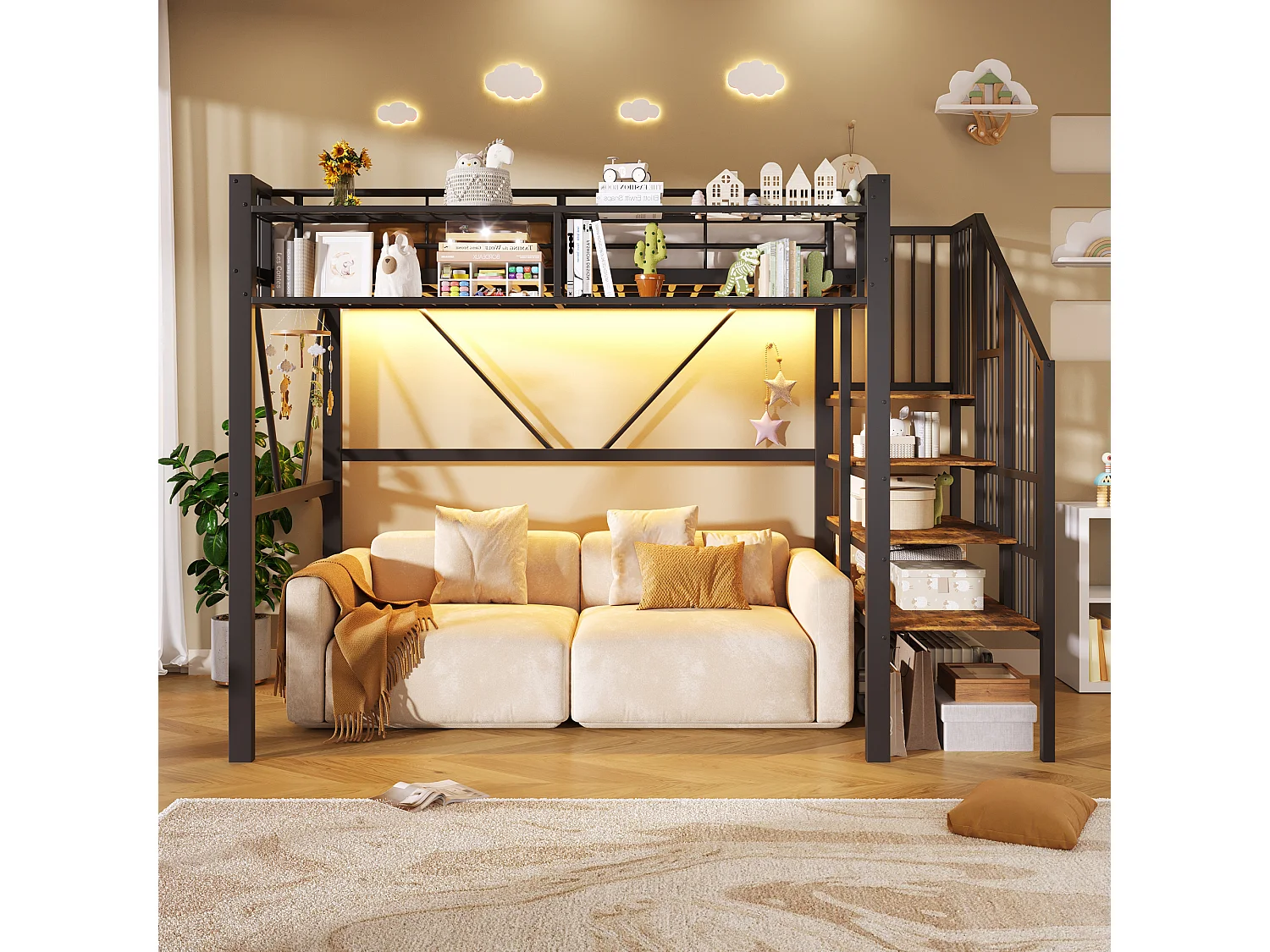 Loftsäng i metall - 90 x 200 cm - med metallnät + LED-lampor + förvaringsstege - MDF + metall - svart