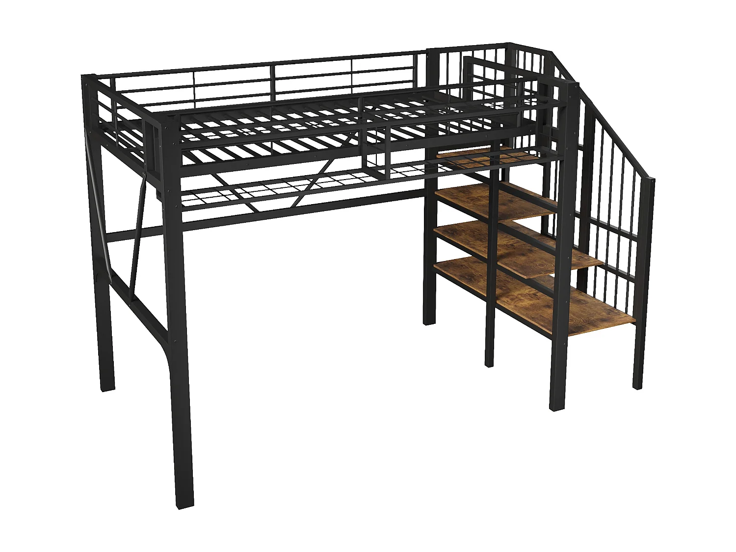 Loftsäng i metall - 90 x 200 cm - med metallnät + LED-lampor + förvaringsstege - MDF + metall - svart