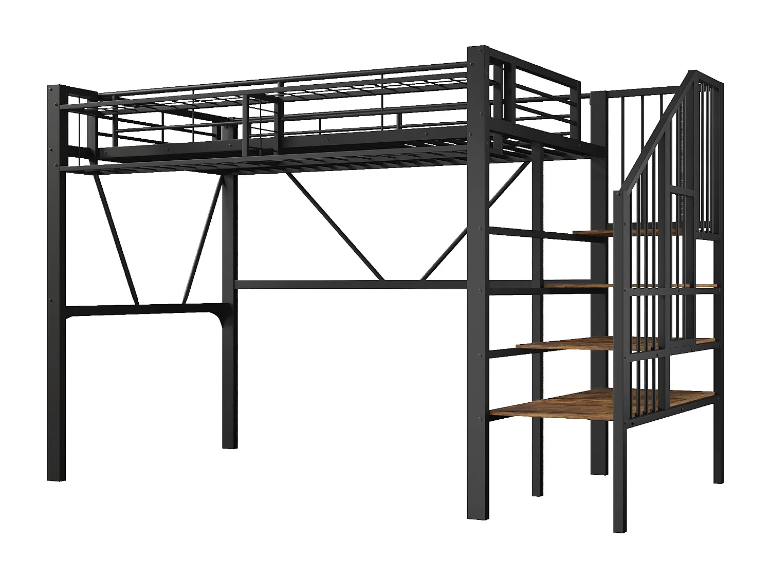 Loftsäng i metall - 90 x 200 cm - med metallnät + LED-lampor + förvaringsstege - MDF + metall - svart