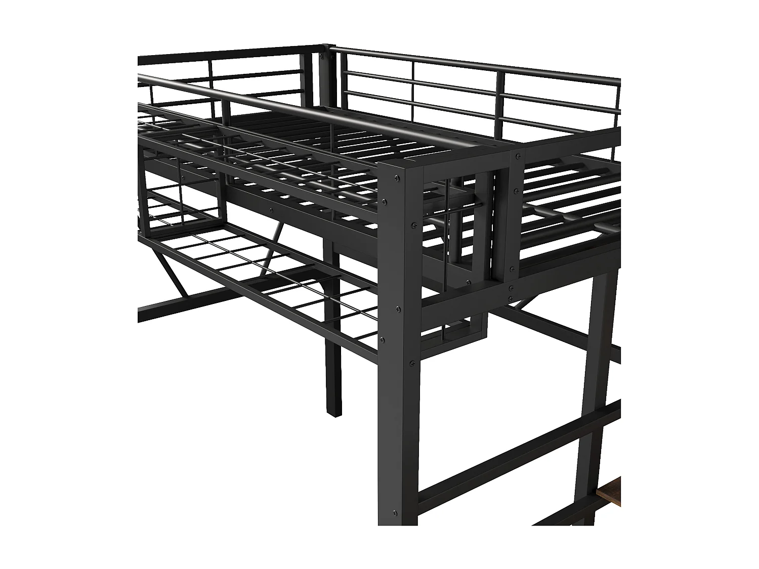 Loftsäng i metall - 90 x 200 cm - med metallnät + LED-lampor + förvaringsstege - MDF + metall - svart