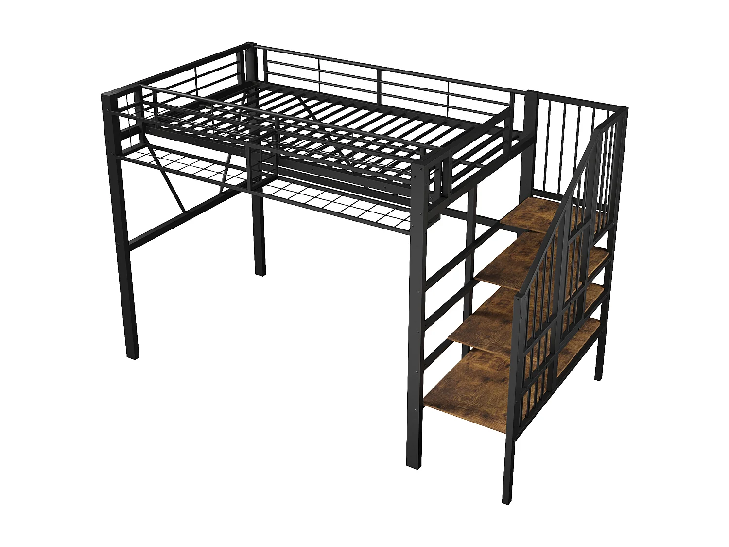 Loftsäng i metall - 90 x 200 cm - med metallnät + LED-lampor + förvaringsstege - MDF + metall - svart