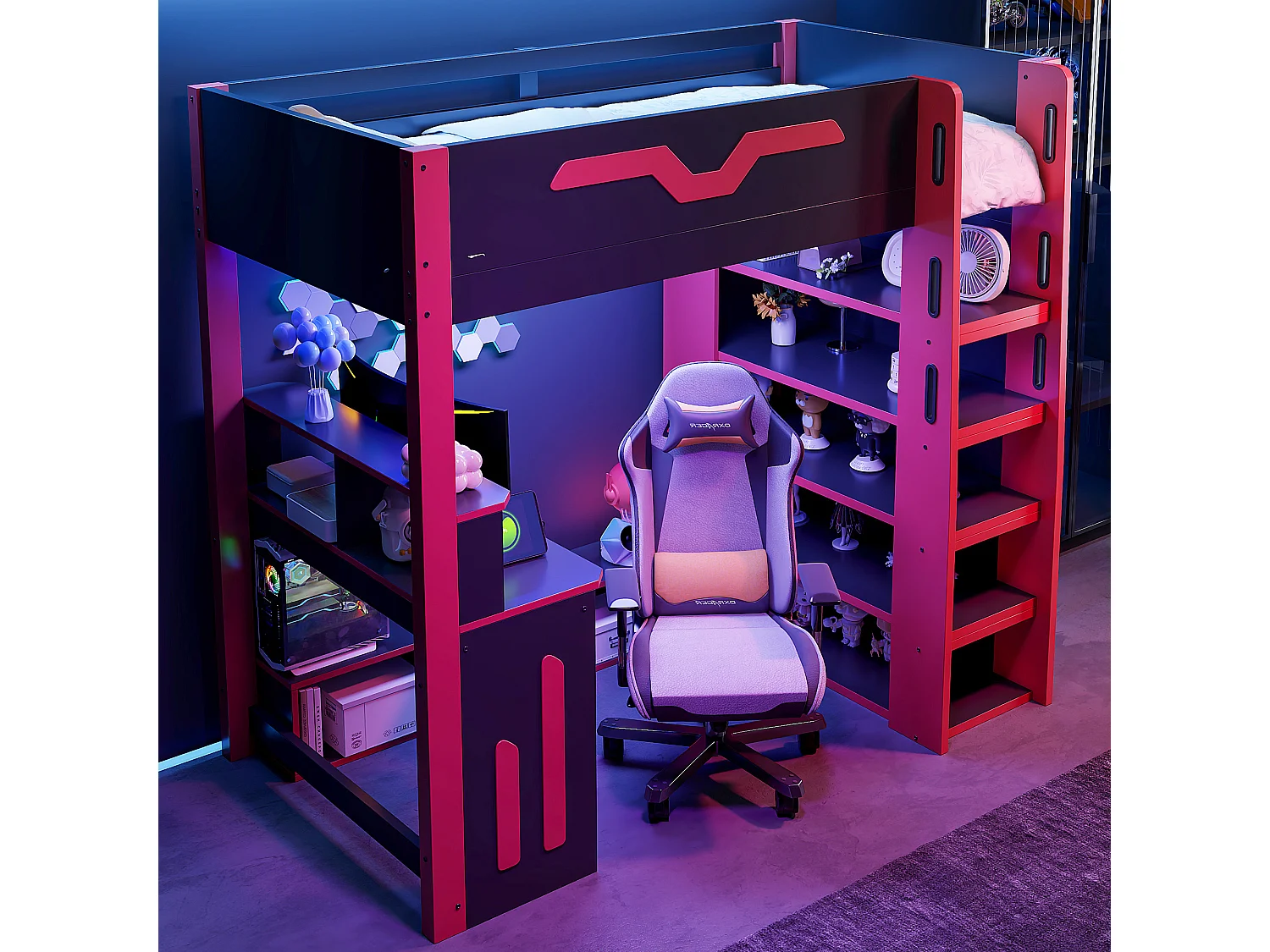 Hochbett aus Holz – 90 x 200 cm – mit Schreibtisch, Ablagefächern und LED-Beleuchtung – MDF – schwarz + rot