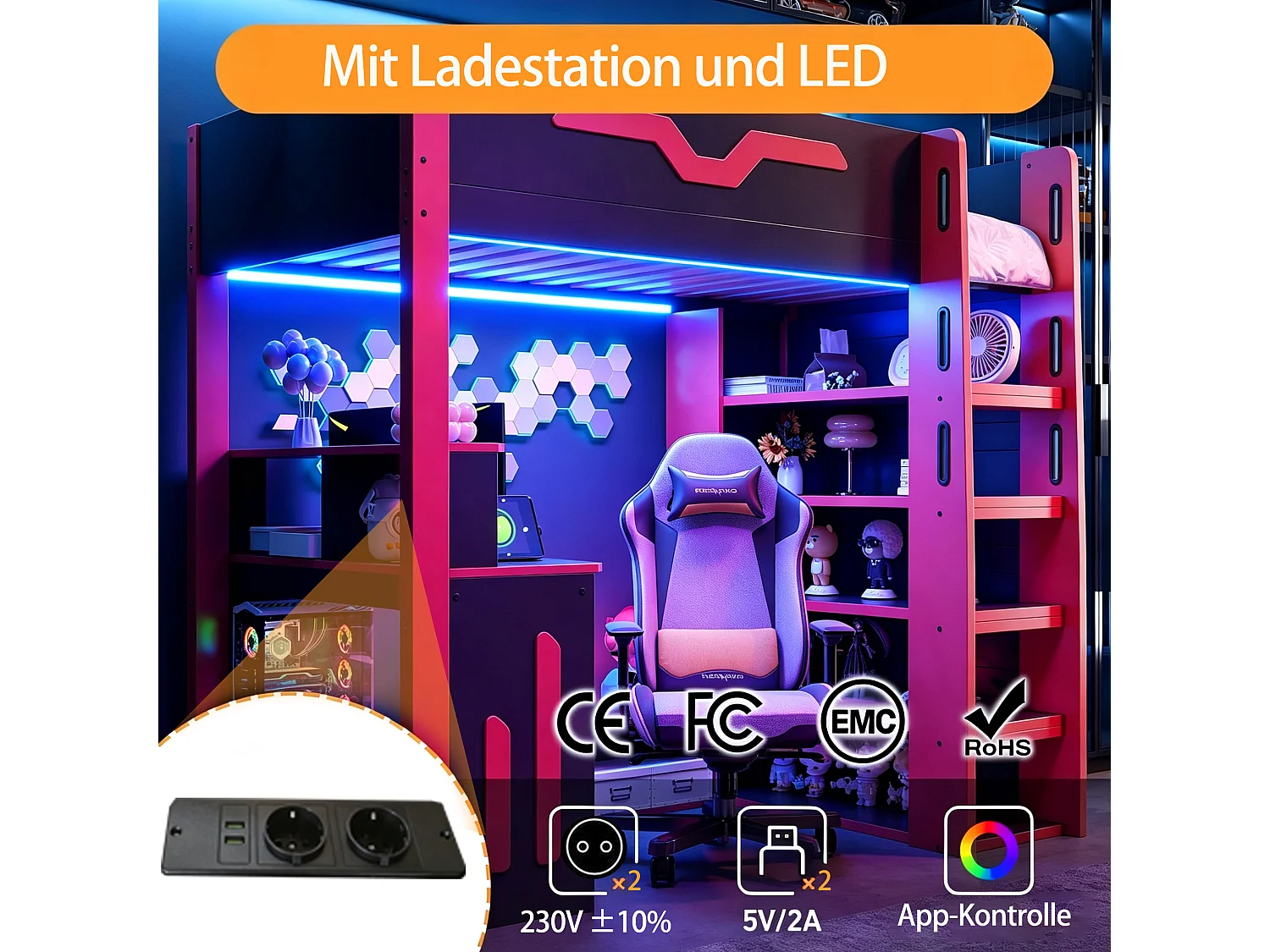 Hochbett aus Holz – 90 x 200 cm – mit Schreibtisch, Ablagefächern und LED-Beleuchtung – MDF – schwarz + rot