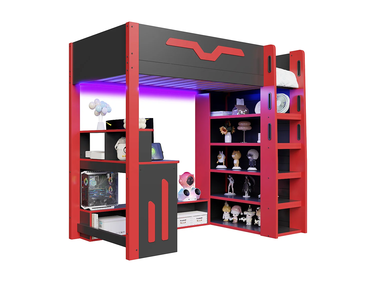 Hochbett aus Holz – 90 x 200 cm – mit Schreibtisch, Ablagefächern und LED-Beleuchtung – MDF – schwarz + rot