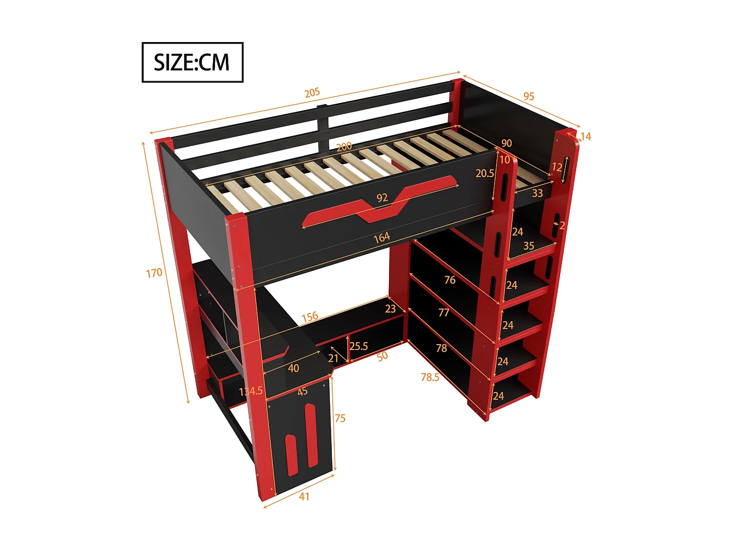 Hochbett aus Holz – 90 x 200 cm – mit Schreibtisch, Ablagefächern und LED-Beleuchtung – MDF – schwarz + rot