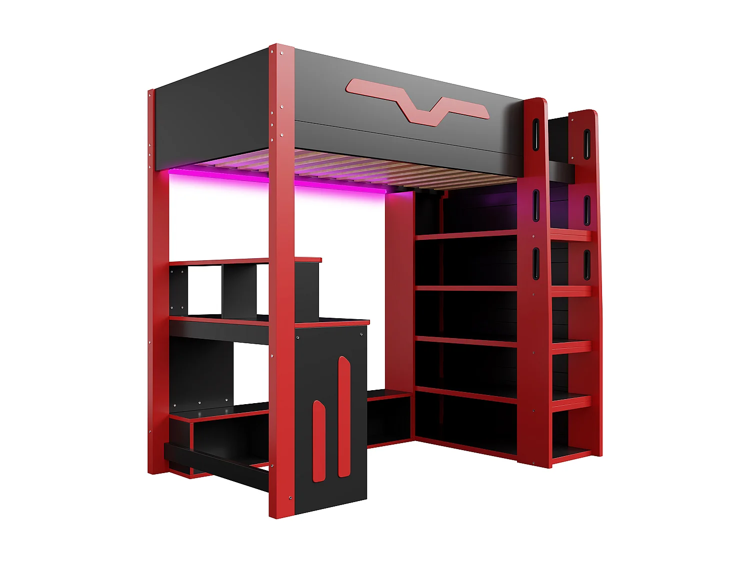 Hochbett aus Holz – 90 x 200 cm – mit Schreibtisch, Ablagefächern und LED-Beleuchtung – MDF – schwarz + rot