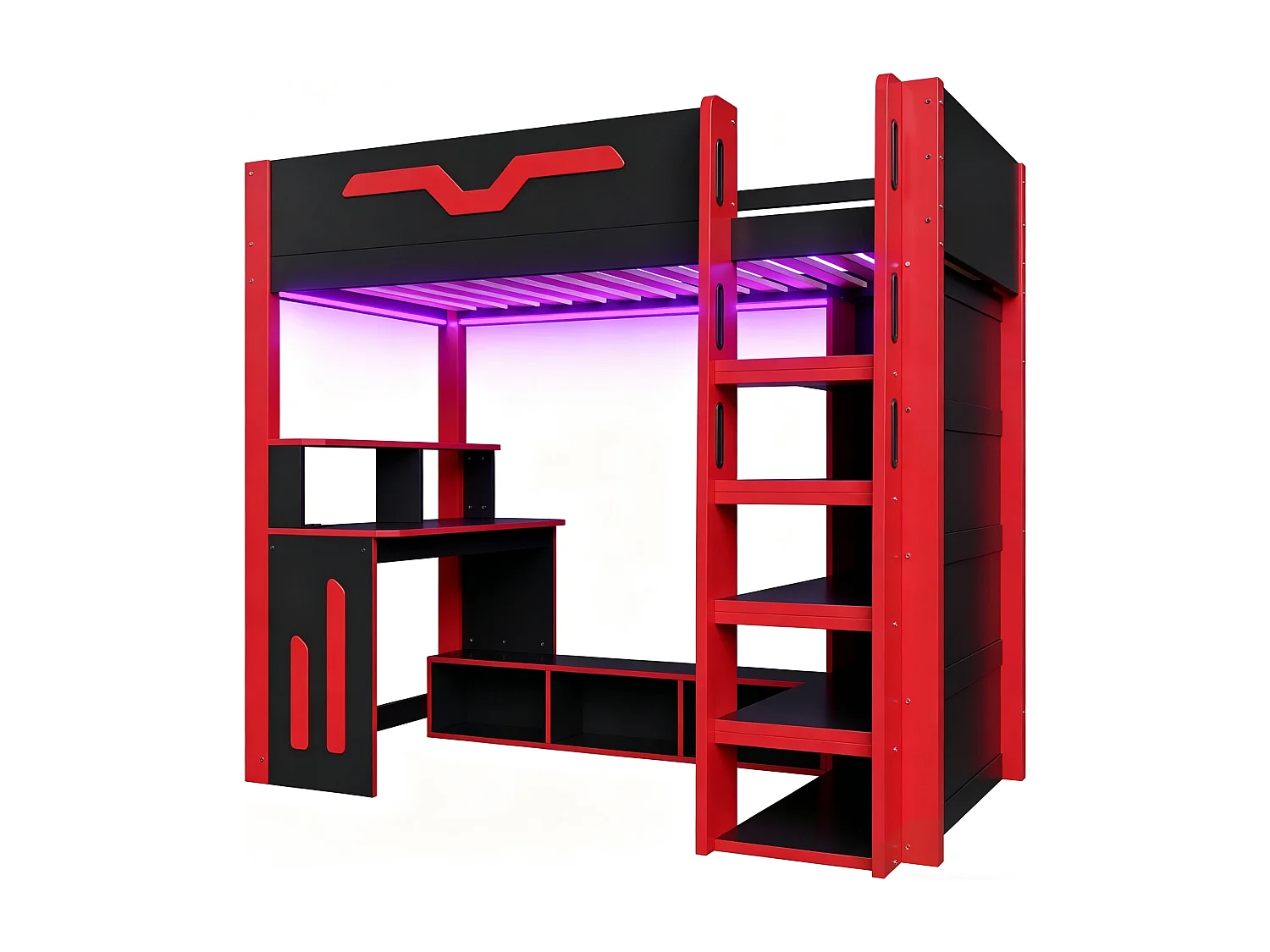 Hochbett aus Holz – 90 x 200 cm – mit Schreibtisch, Ablagefächern und LED-Beleuchtung – MDF – schwarz + rot
