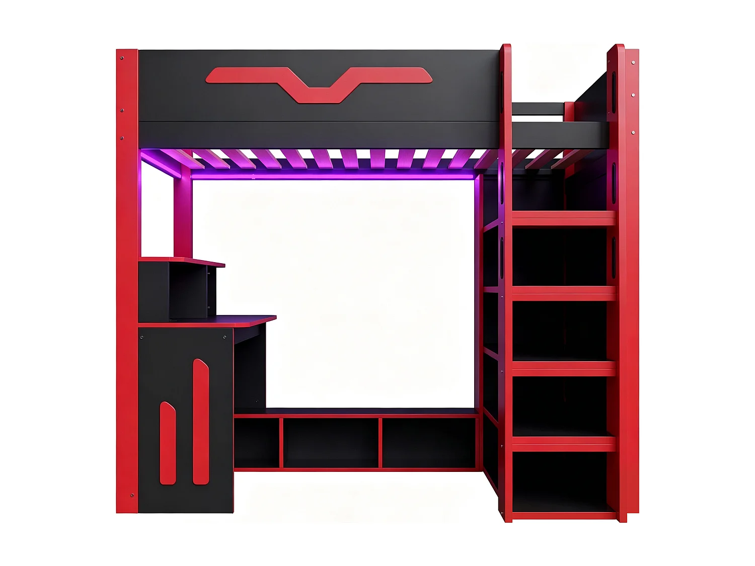 Hochbett aus Holz – 90 x 200 cm – mit Schreibtisch, Ablagefächern und LED-Beleuchtung – MDF – schwarz + rot