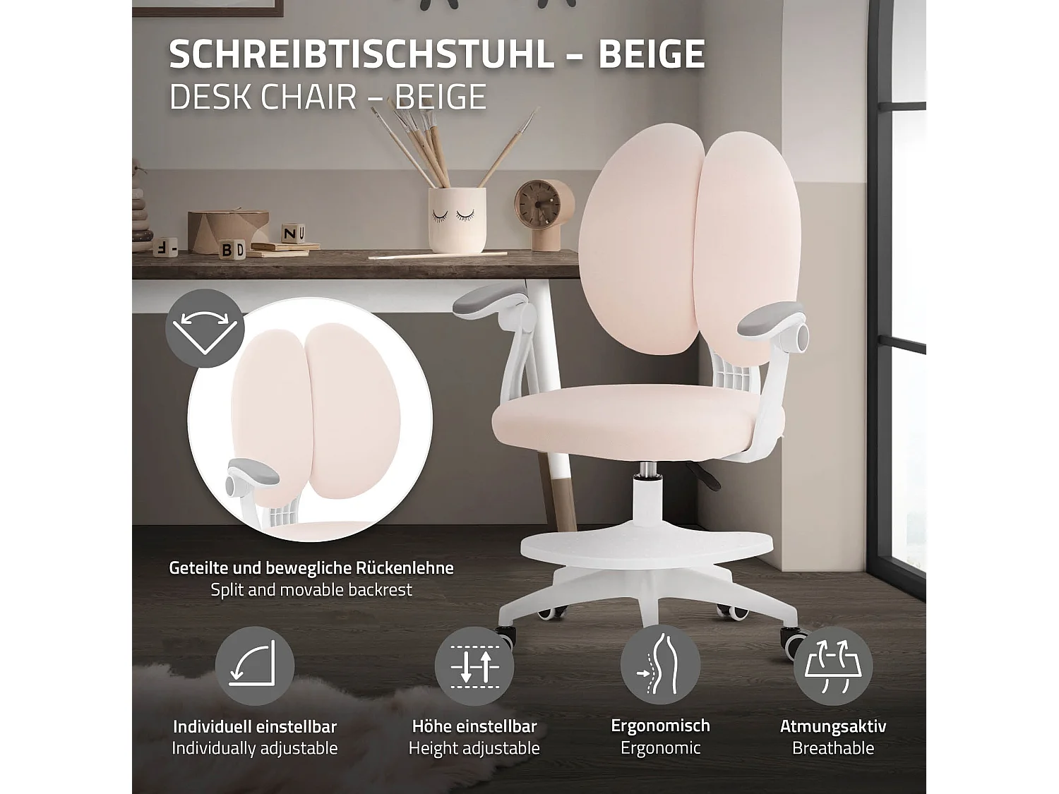 Chaise de bureau enfant 95-107 cm beige avec dossier et repose-pieds siége d'étude ergonomique pivotant 360° hauteur réglable accoudoirs rabattables