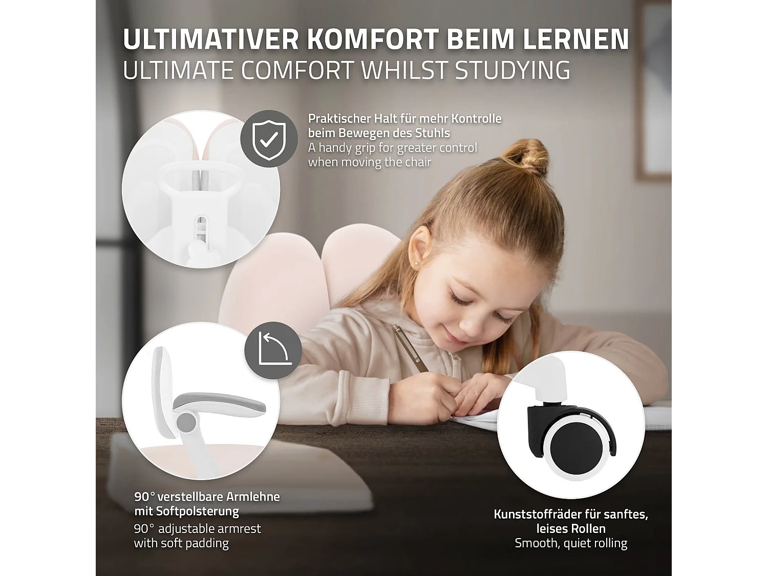 Chaise de bureau enfant 95-107 cm beige avec dossier et repose-pieds siége d'étude ergonomique pivotant 360° hauteur réglable accoudoirs rabattables