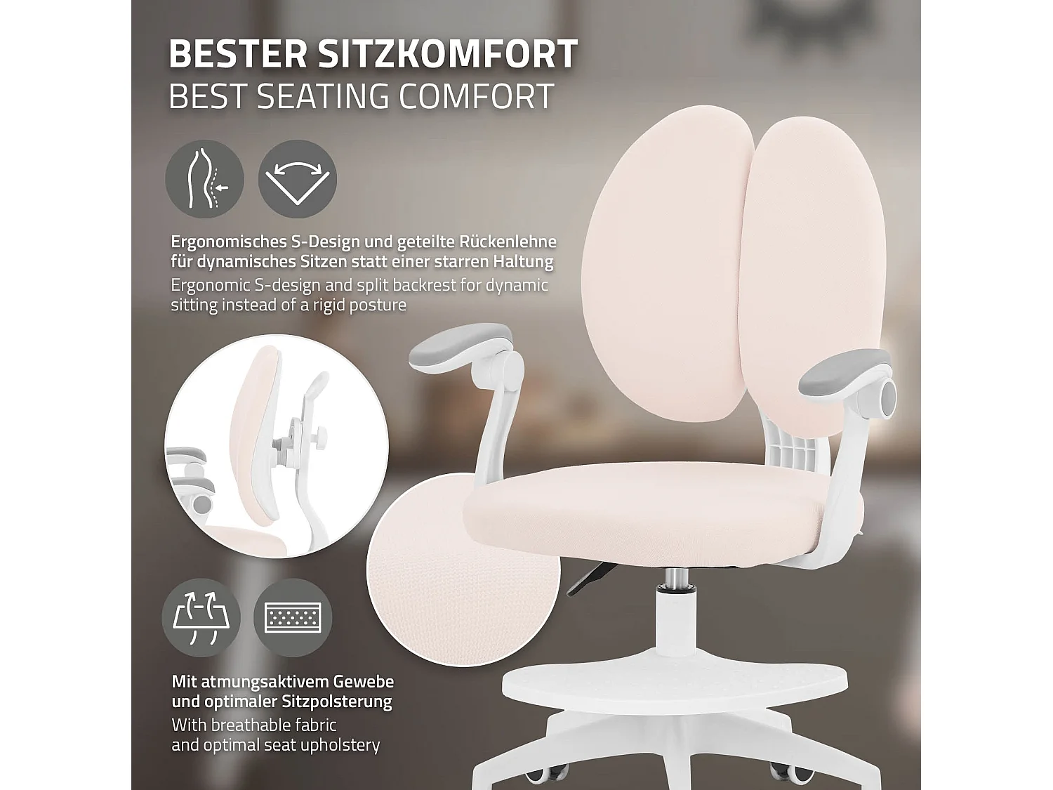 Chaise de bureau enfant 95-107 cm beige avec dossier et repose-pieds siége d'étude ergonomique pivotant 360° hauteur réglable accoudoirs rabattables
