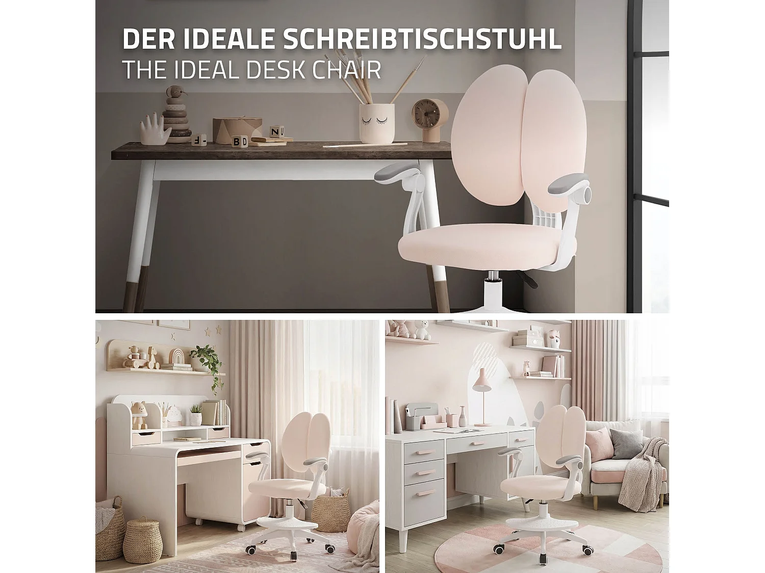 Chaise de bureau enfant 95-107 cm beige avec dossier et repose-pieds siége d'étude ergonomique pivotant 360° hauteur réglable accoudoirs rabattables