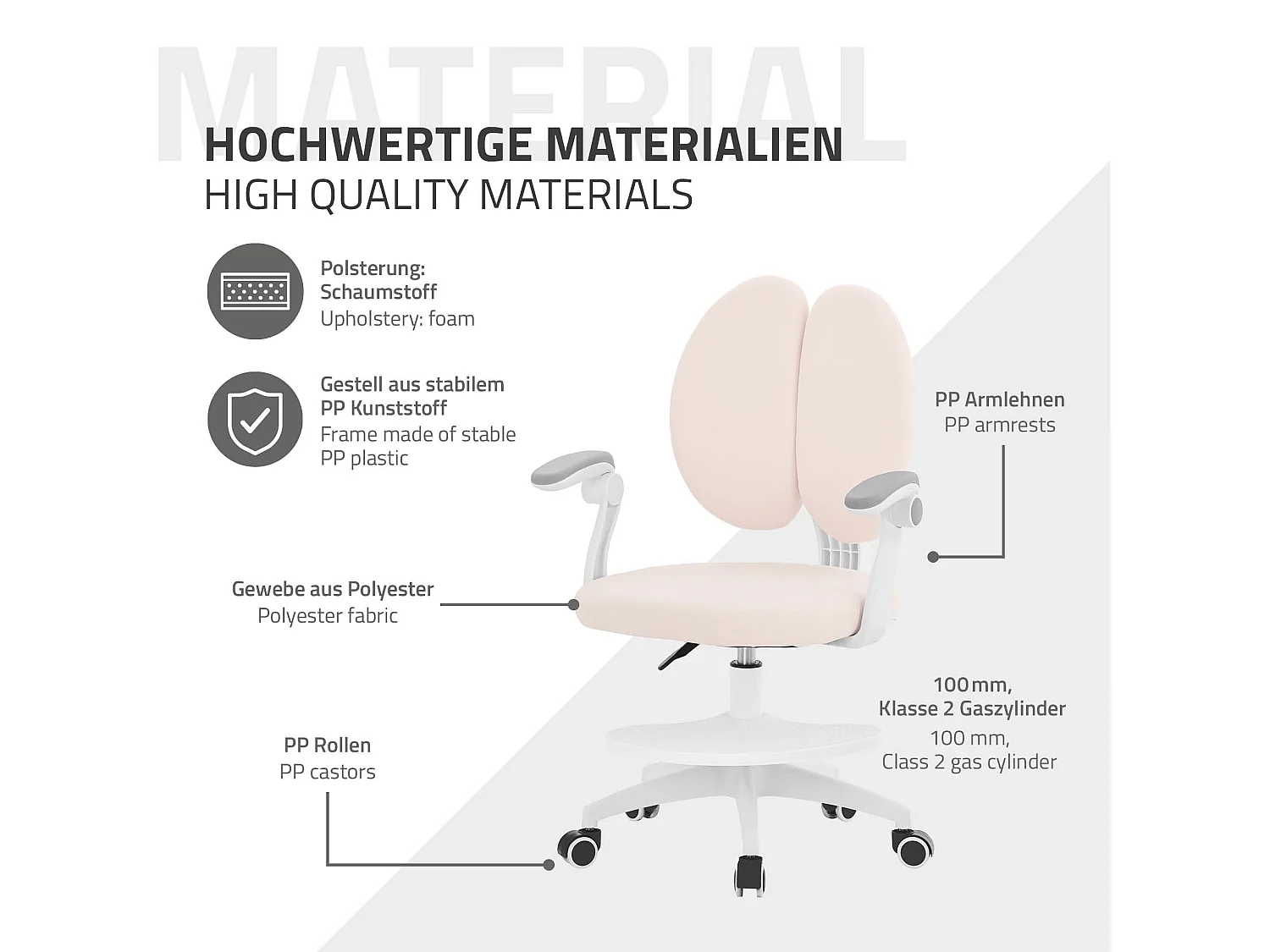 Chaise de bureau enfant 95-107 cm beige avec dossier et repose-pieds siége d'étude ergonomique pivotant 360° hauteur réglable accoudoirs rabattables
