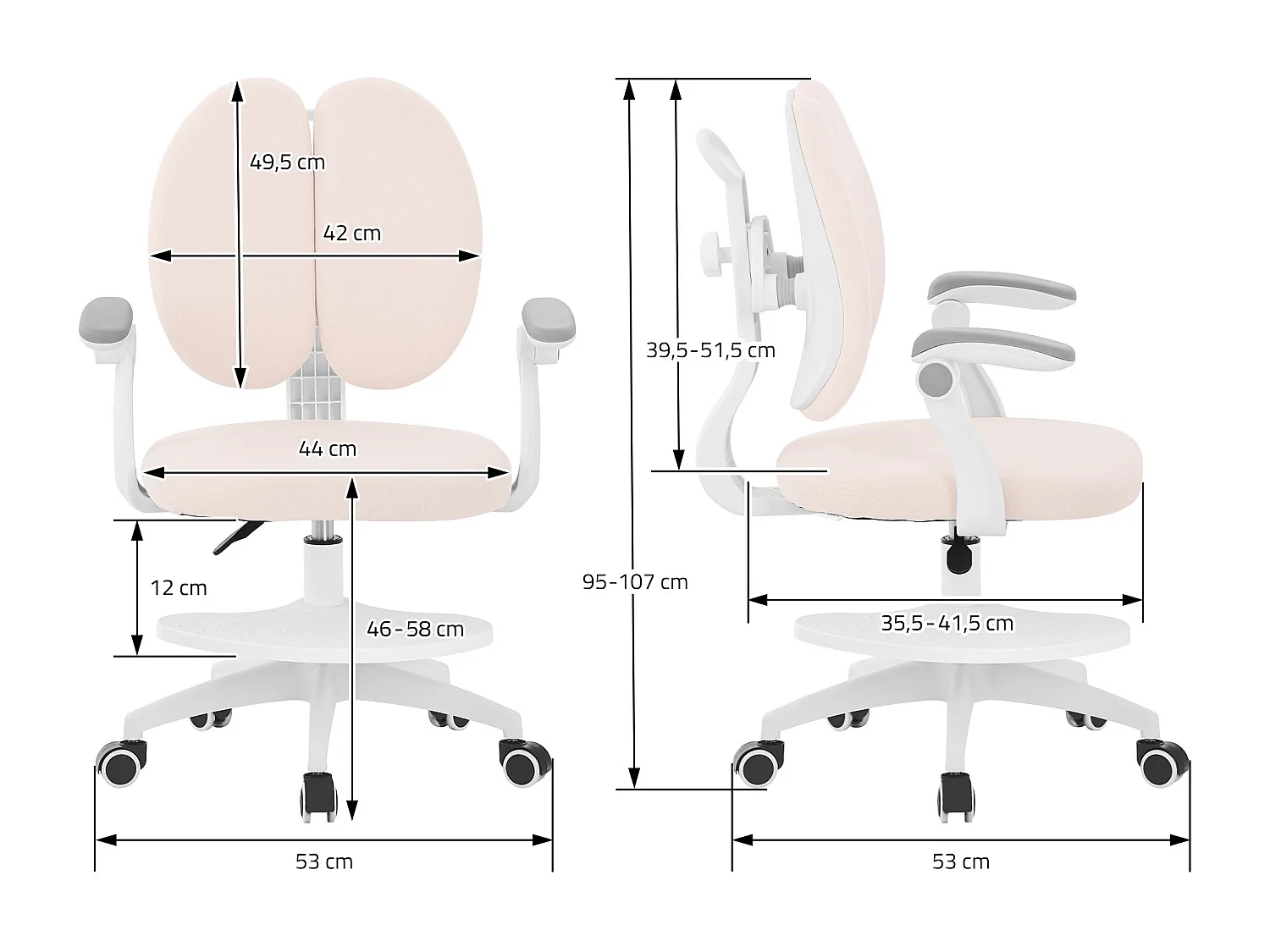 Chaise de bureau enfant 95-107 cm beige avec dossier et repose-pieds siége d'étude ergonomique pivotant 360° hauteur réglable accoudoirs rabattables