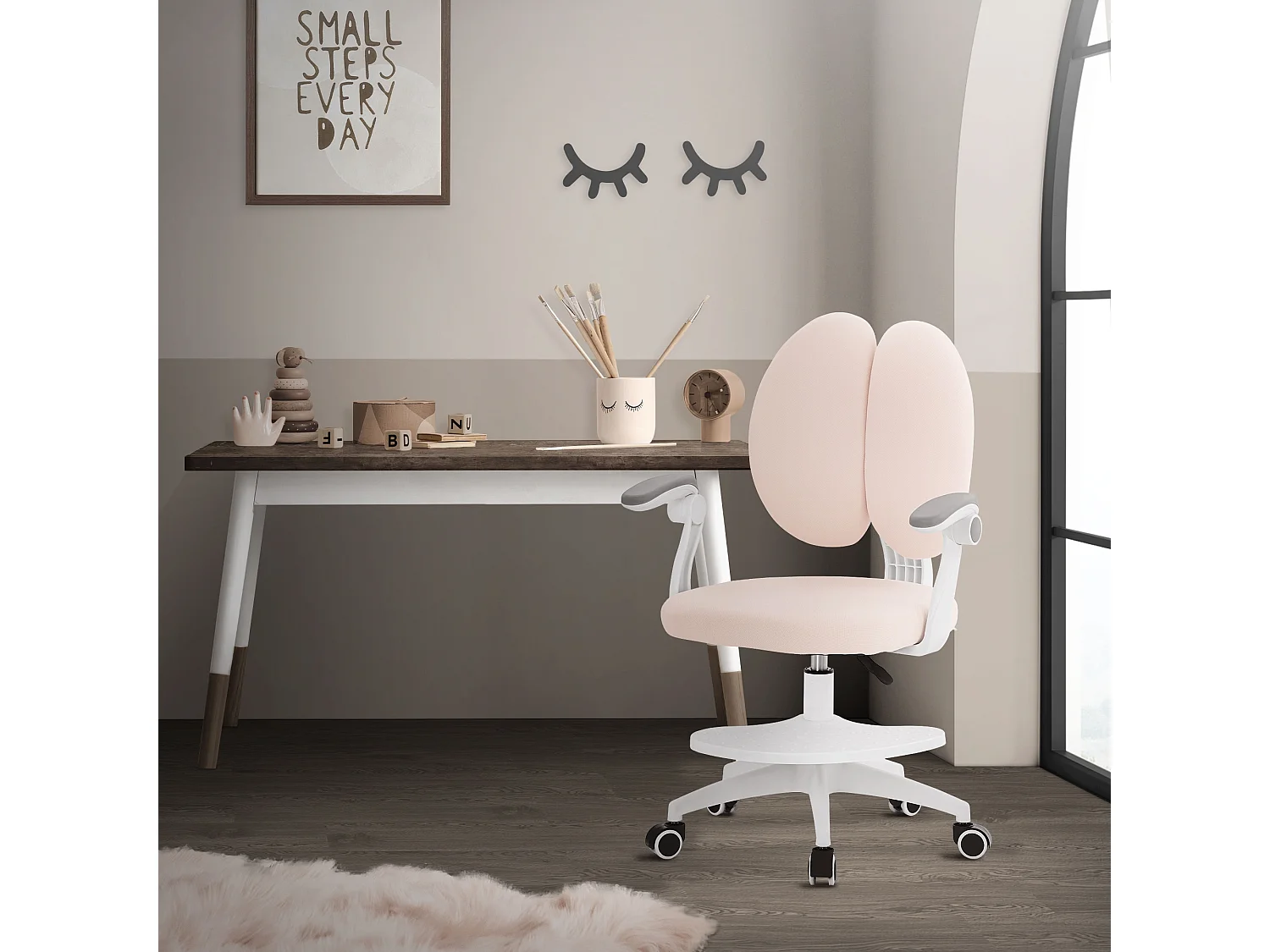 Chaise de bureau enfant 95-107 cm beige avec dossier et repose-pieds siége d'étude ergonomique pivotant 360° hauteur réglable accoudoirs rabattables