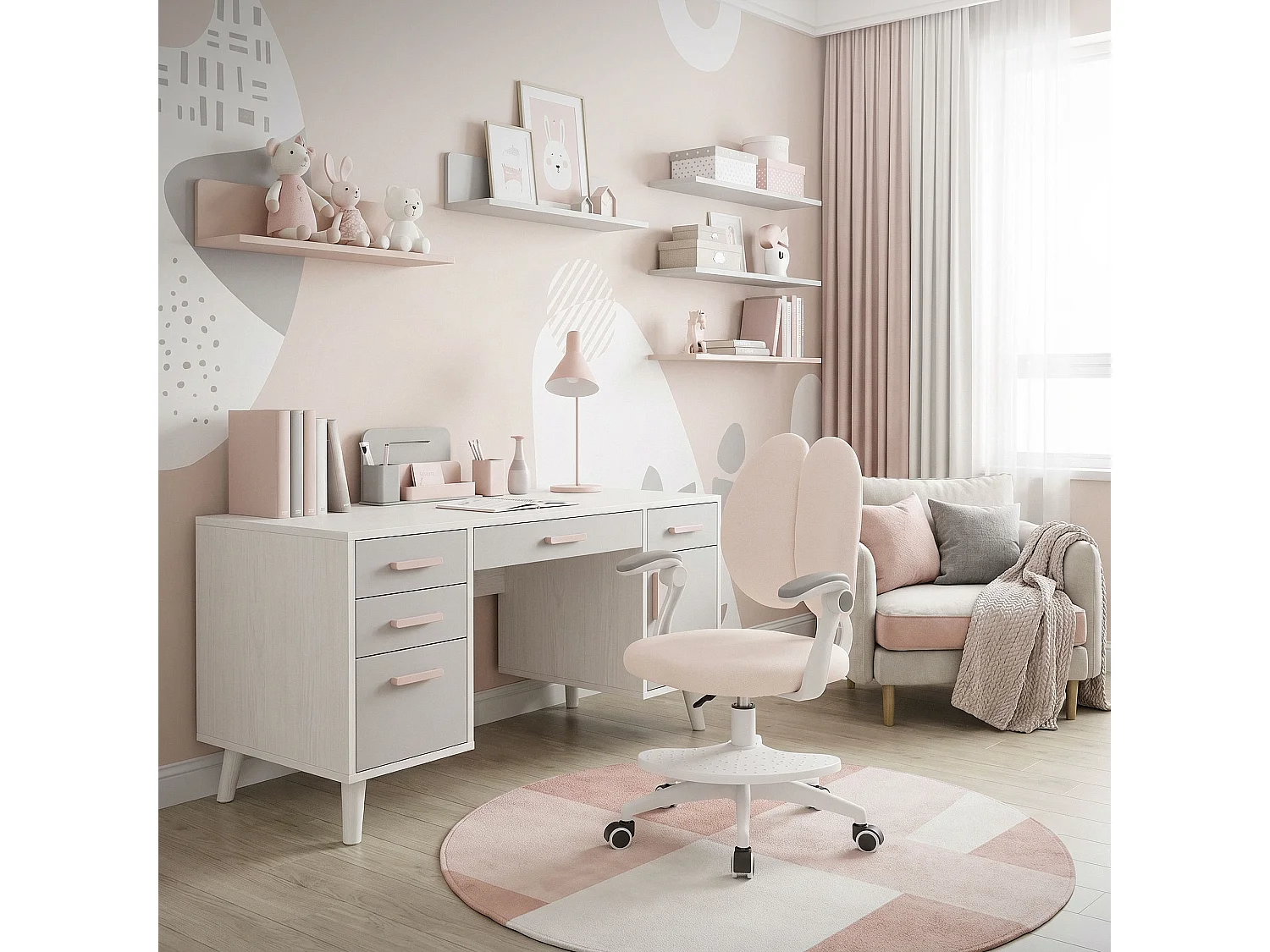 Chaise de bureau enfant 95-107 cm beige avec dossier et repose-pieds siége d'étude ergonomique pivotant 360° hauteur réglable accoudoirs rabattables