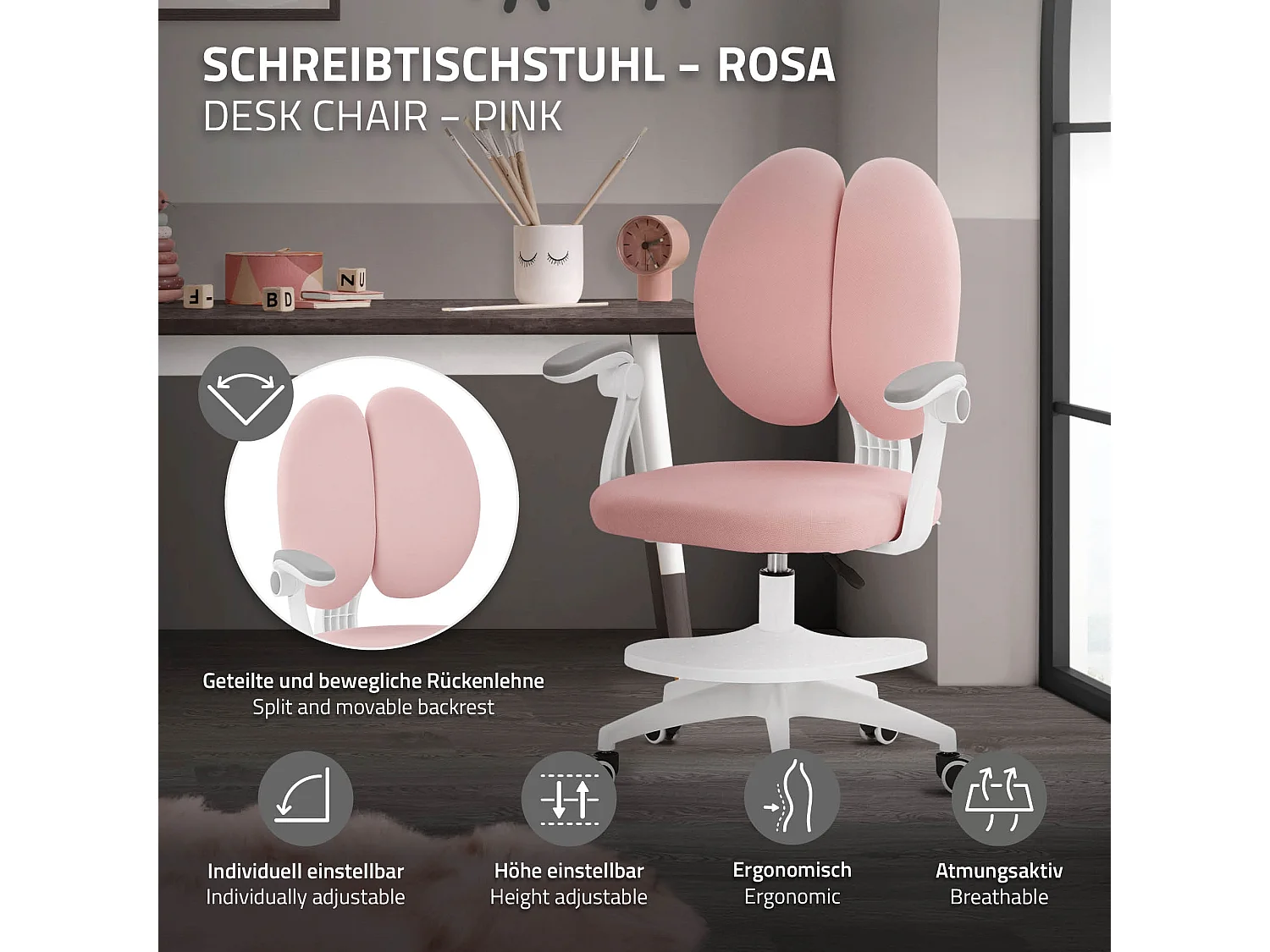 Chaise de bureau enfant 95-107 cm rose avec dossier et repose-pieds siége d'étude ergonomique pivotant 360° hauteur réglable accoudoirs rabattables