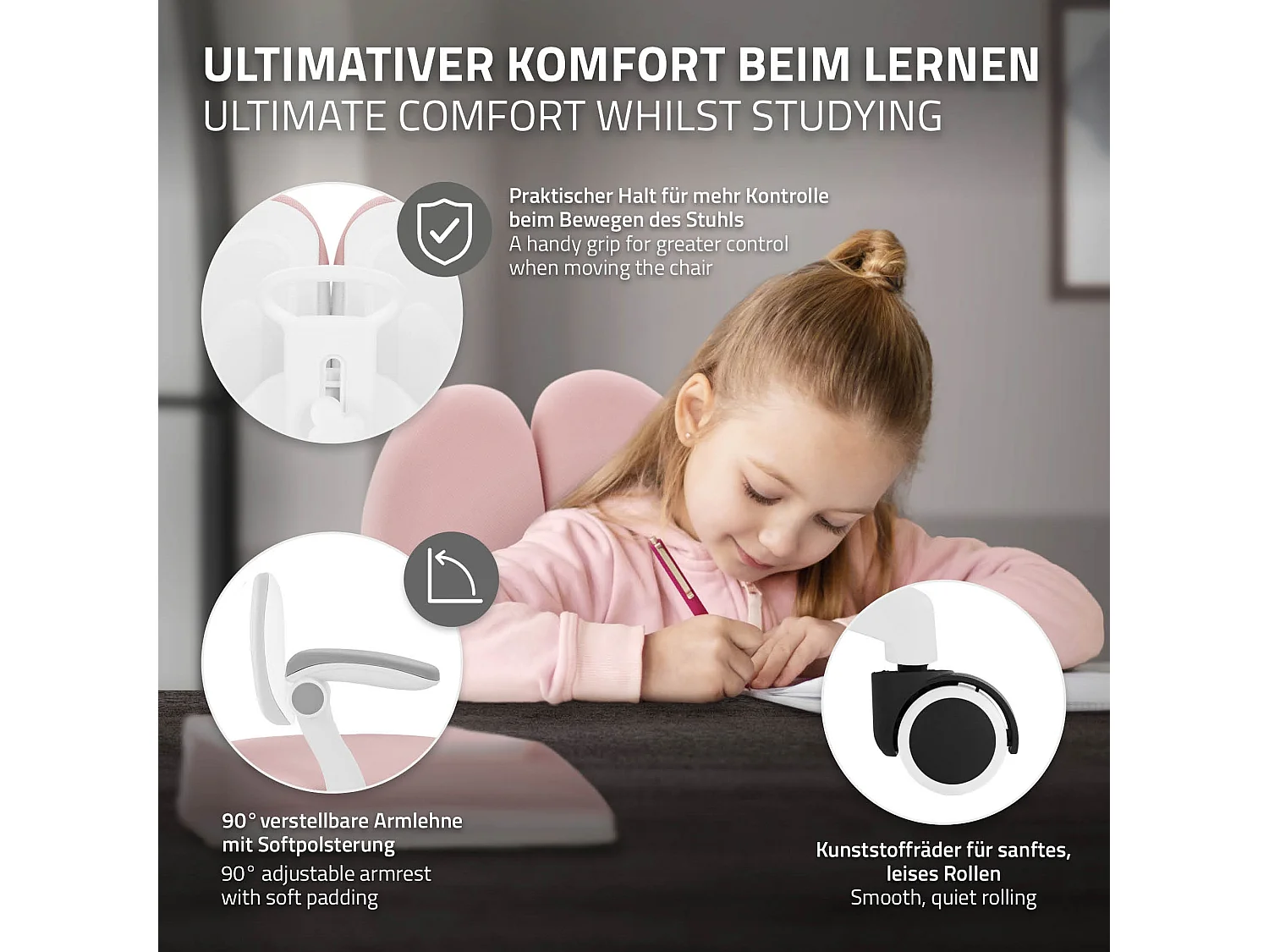 Chaise de bureau enfant 95-107 cm rose avec dossier et repose-pieds siége d'étude ergonomique pivotant 360° hauteur réglable accoudoirs rabattables