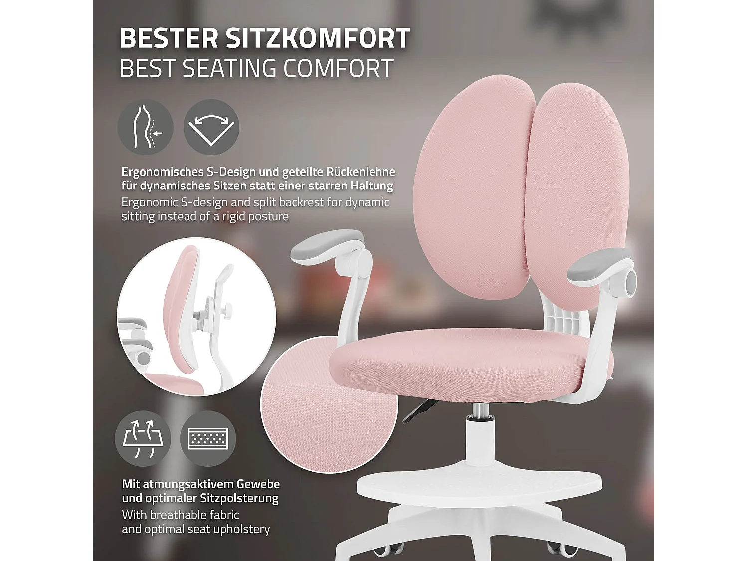 Chaise de bureau enfant 95-107 cm rose avec dossier et repose-pieds siége d'étude ergonomique pivotant 360° hauteur réglable accoudoirs rabattables