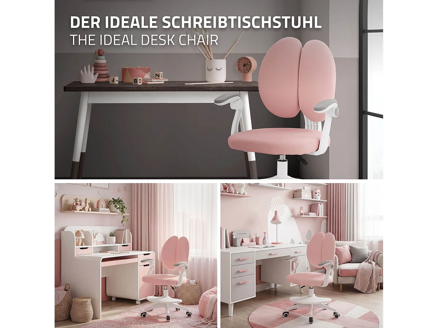 Chaise de bureau enfant 95-107 cm rose avec dossier et repose-pieds siége d'étude ergonomique pivotant 360° hauteur réglable accoudoirs rabattables