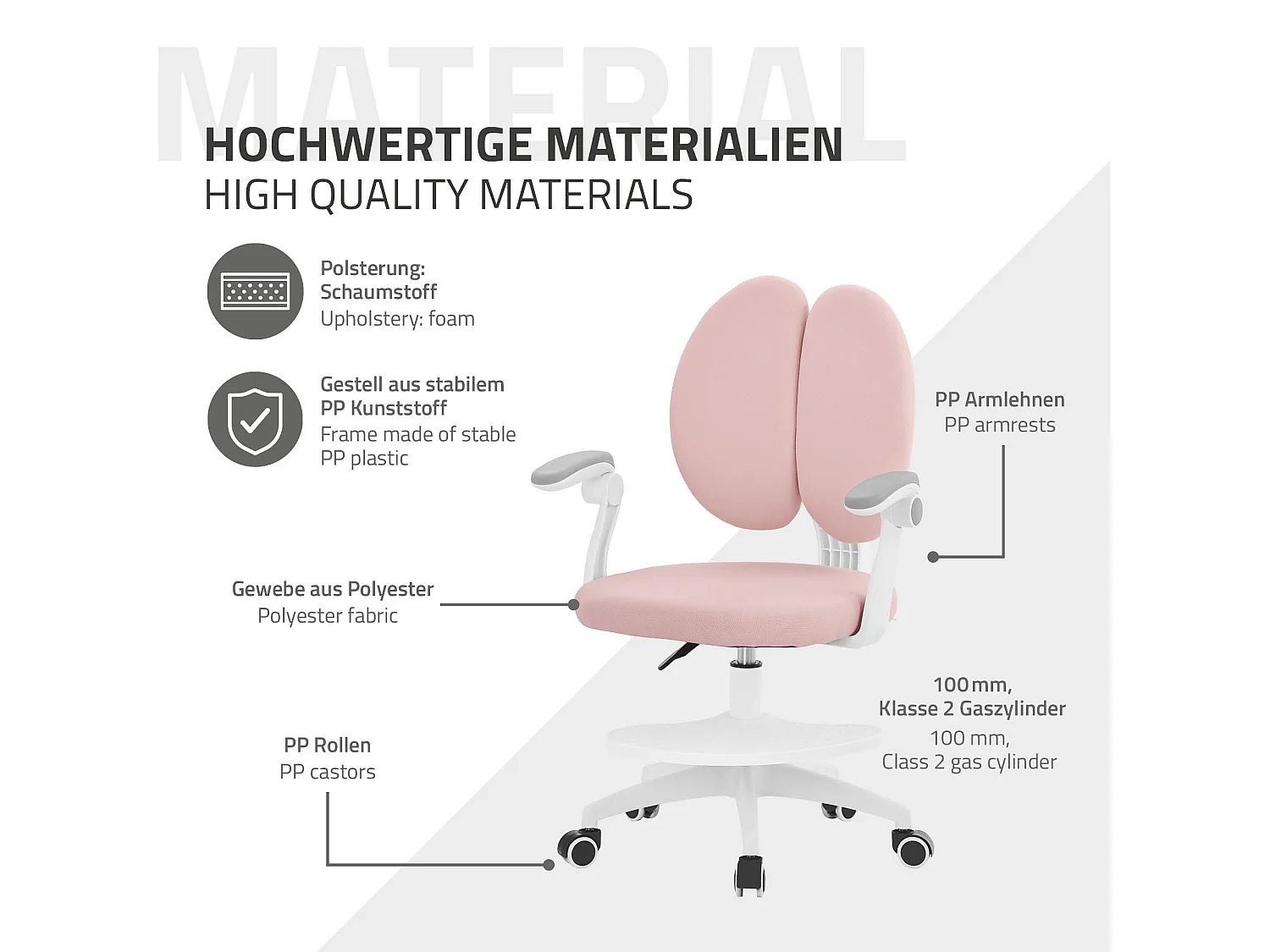Chaise de bureau enfant 95-107 cm rose avec dossier et repose-pieds siége d'étude ergonomique pivotant 360° hauteur réglable accoudoirs rabattables