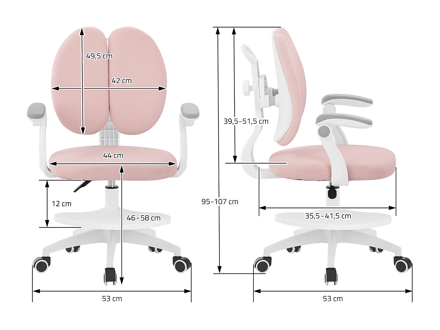 Chaise de bureau enfant 95-107 cm rose avec dossier et repose-pieds siége d'étude ergonomique pivotant 360° hauteur réglable accoudoirs rabattables