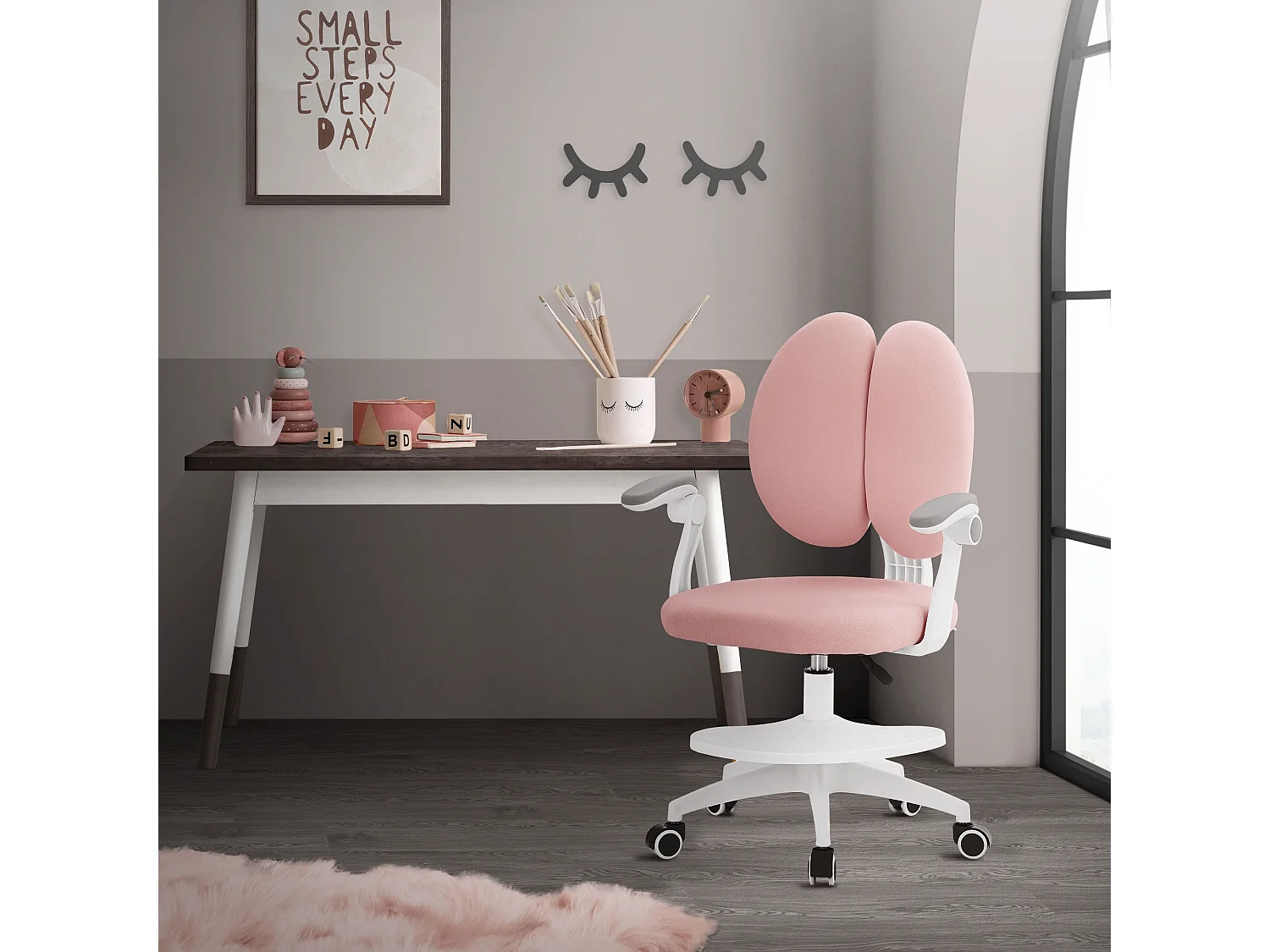 Chaise de bureau enfant 95-107 cm rose avec dossier et repose-pieds siége d'étude ergonomique pivotant 360° hauteur réglable accoudoirs rabattables