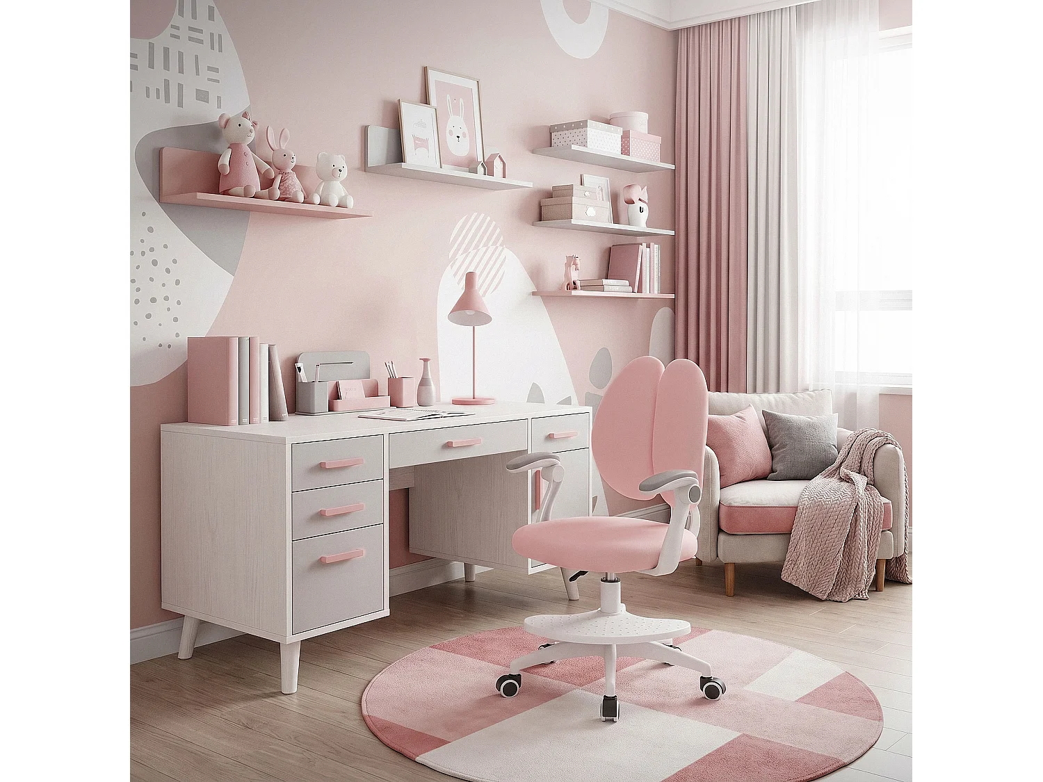 Chaise de bureau enfant 95-107 cm rose avec dossier et repose-pieds siége d'étude ergonomique pivotant 360° hauteur réglable accoudoirs rabattables