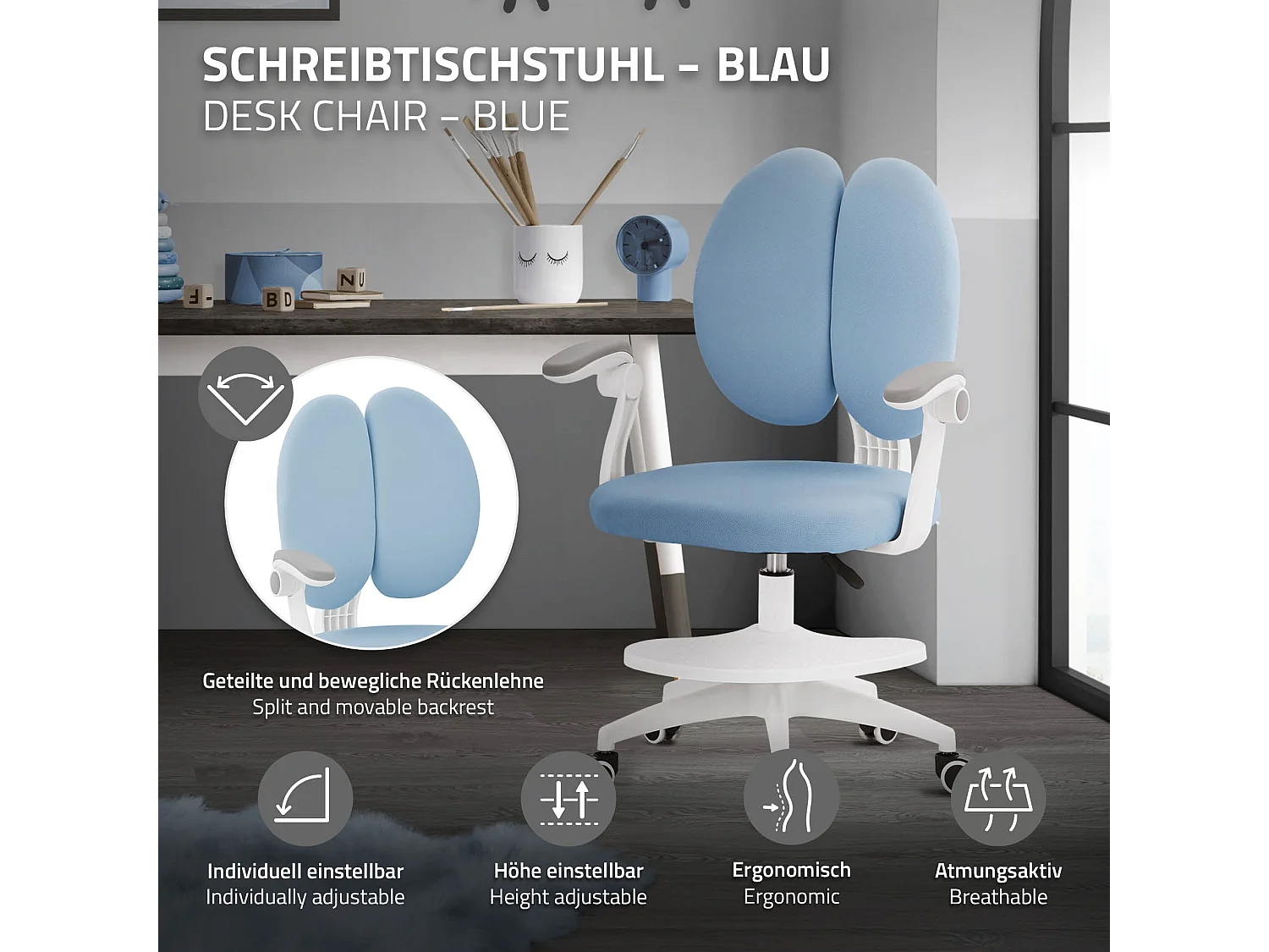 Chaise de bureau enfant 95-107 cm bleu avec dossier et repose-pieds siége d'étude ergonomique pivotant 360° hauteur réglable accoudoirs rabattables